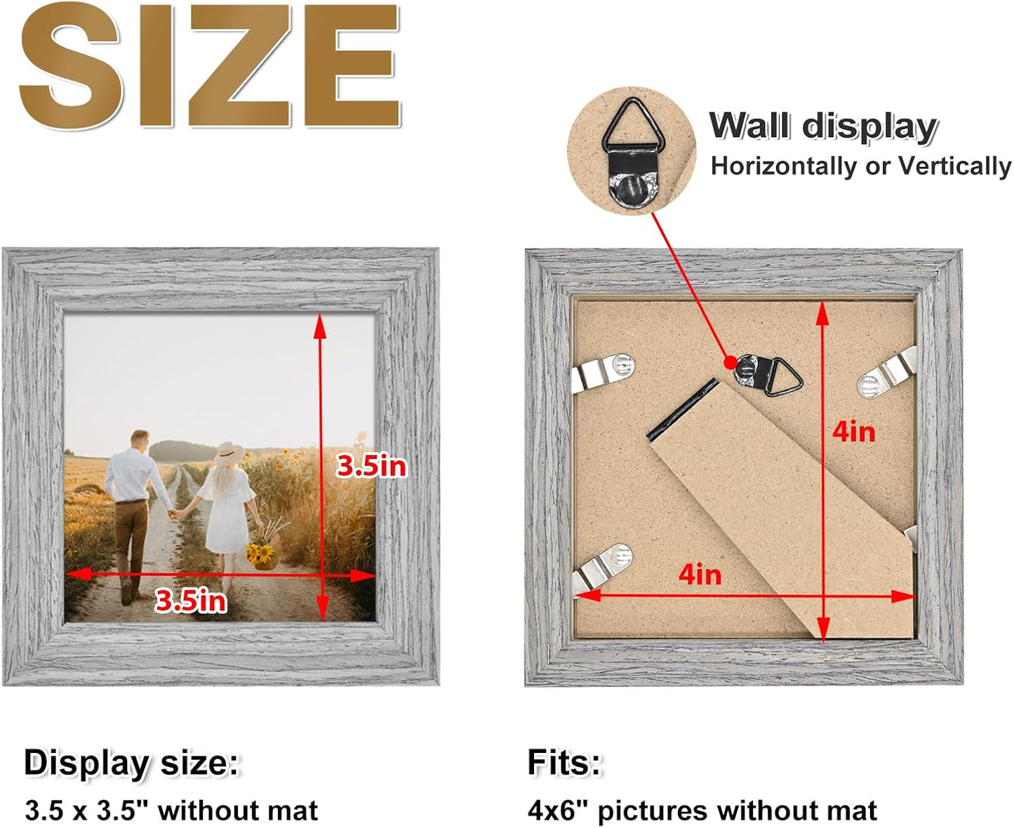 KINLINK 4x4 Picture Frame, Grey Square Solid Wood Frames for Pictures 4x4 without Mat, Wall and Tabletop Display Photo Frames Grey Wood 4 Pack