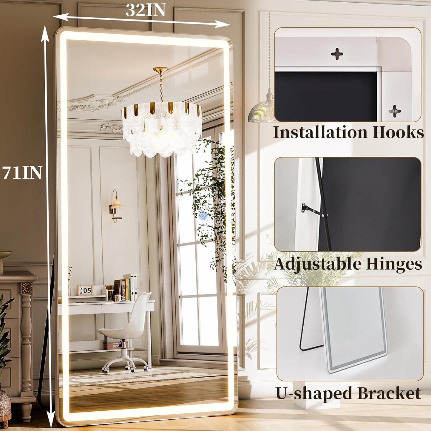 GLSLAND LED Full Length Mirror 71x32 inch Oversized Body Mirrors with Lights Wall Mounted Hanging Floor Standing Mirror for Bedroom, Living Room, Cloakroom, White