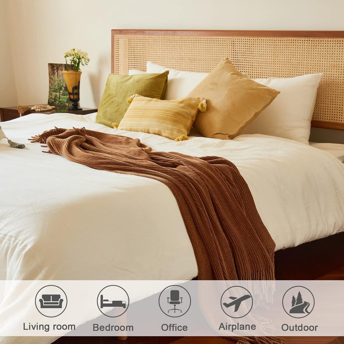 lifein Throw Blanket for Couch, Soft Boho Decor Bed Throw,Cozy Brown Knitted Chenille Small Knit Farmhouse Lightweight Throw (Golden,50 * 60")