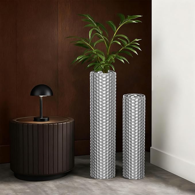 Sziqiqi Silver Tall Floor Vase: 27.6/21.7in Metal Cylinder Vases Extra Large Decorative Vase Set of 2 Living Room Modern Honeycomb Texture Big Standing Decor for Dining Bedroom Home Corner Indoor