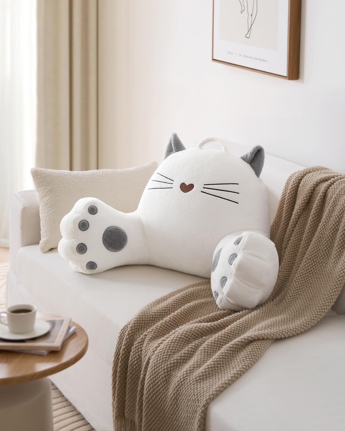 Blissful Diary Kitty Reading Pillow for Kids/Teens/Adults, Back Rest Pillow for Sitting Up in Bed with Shredded Memory Foam, Includes Arms and Washable Cover, Pure White