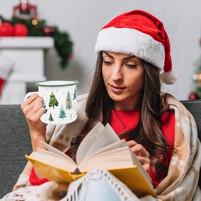 Whaline 2Pcs Christmas Mini Coffee Mugs 12oz Enamel Cup with Handle Watercolor Xmas Tree Forest Drinking Mug for Winter Holiday Birthday Party Favor Supplies