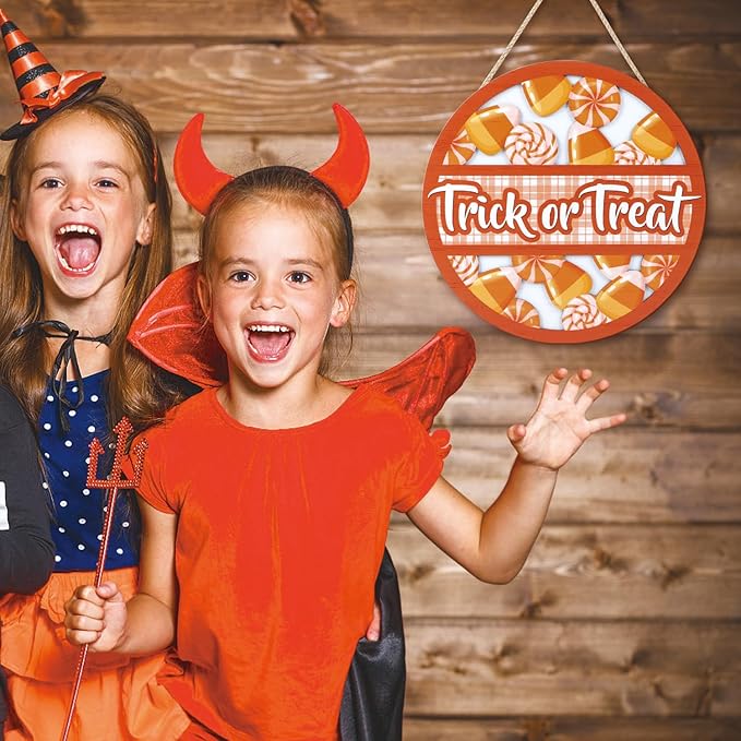 TOARTi 3D Halloween Trick or Treat Front Door Sign Hanging(11.4x11.4''), Rustic Lollipop Candy Cone Wall Decor, Farmhouse Halloween Wooden Plaque for Home Classroom Office