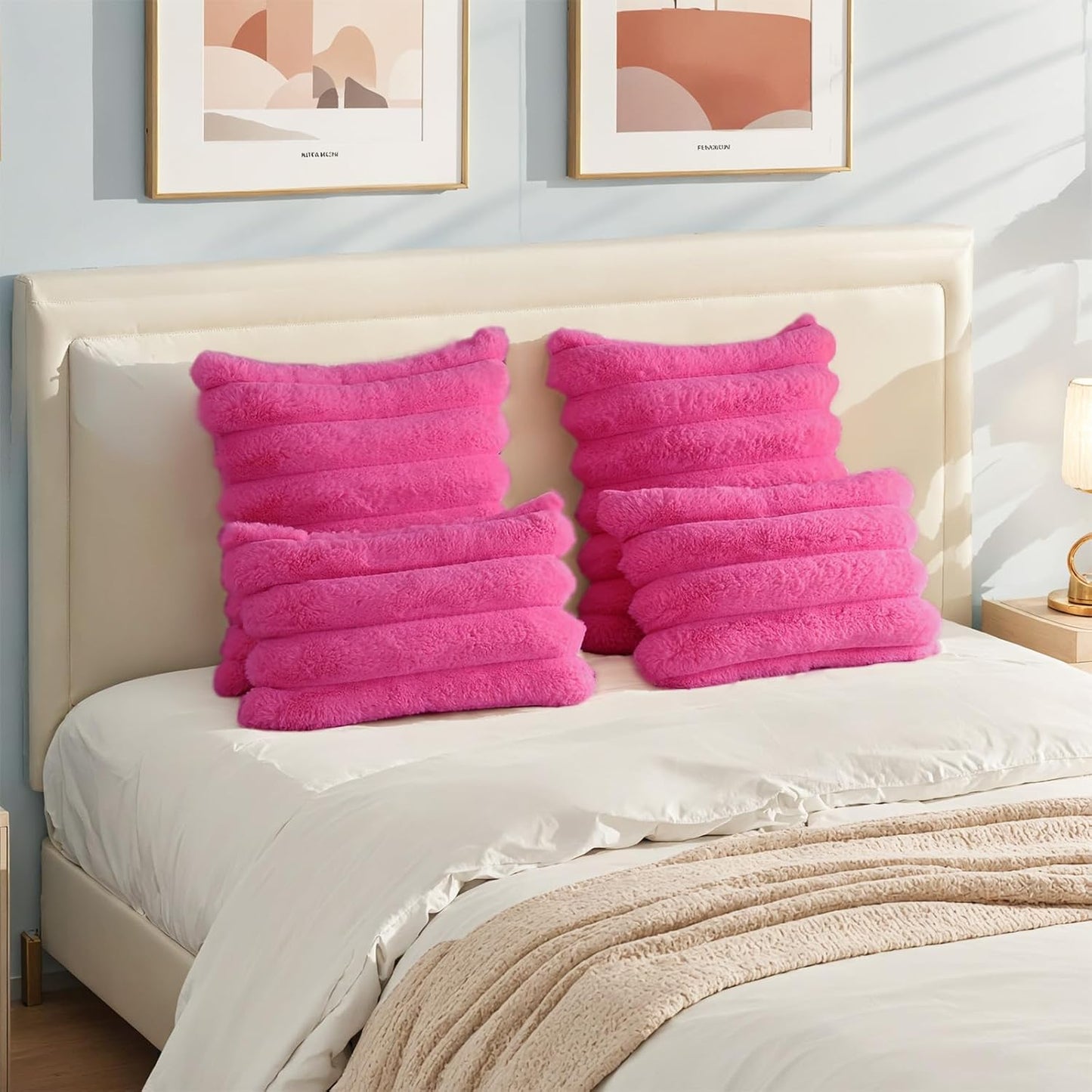 HAUSSY Faux Fur Throw Pillow Covers 20x20 Inch Set of 2,Decorative Striped Neutral Pillow Cases Soft Plush Couch Pillow Covers,Home Decor for Sofa,Bed, Living Room,Hot Pink