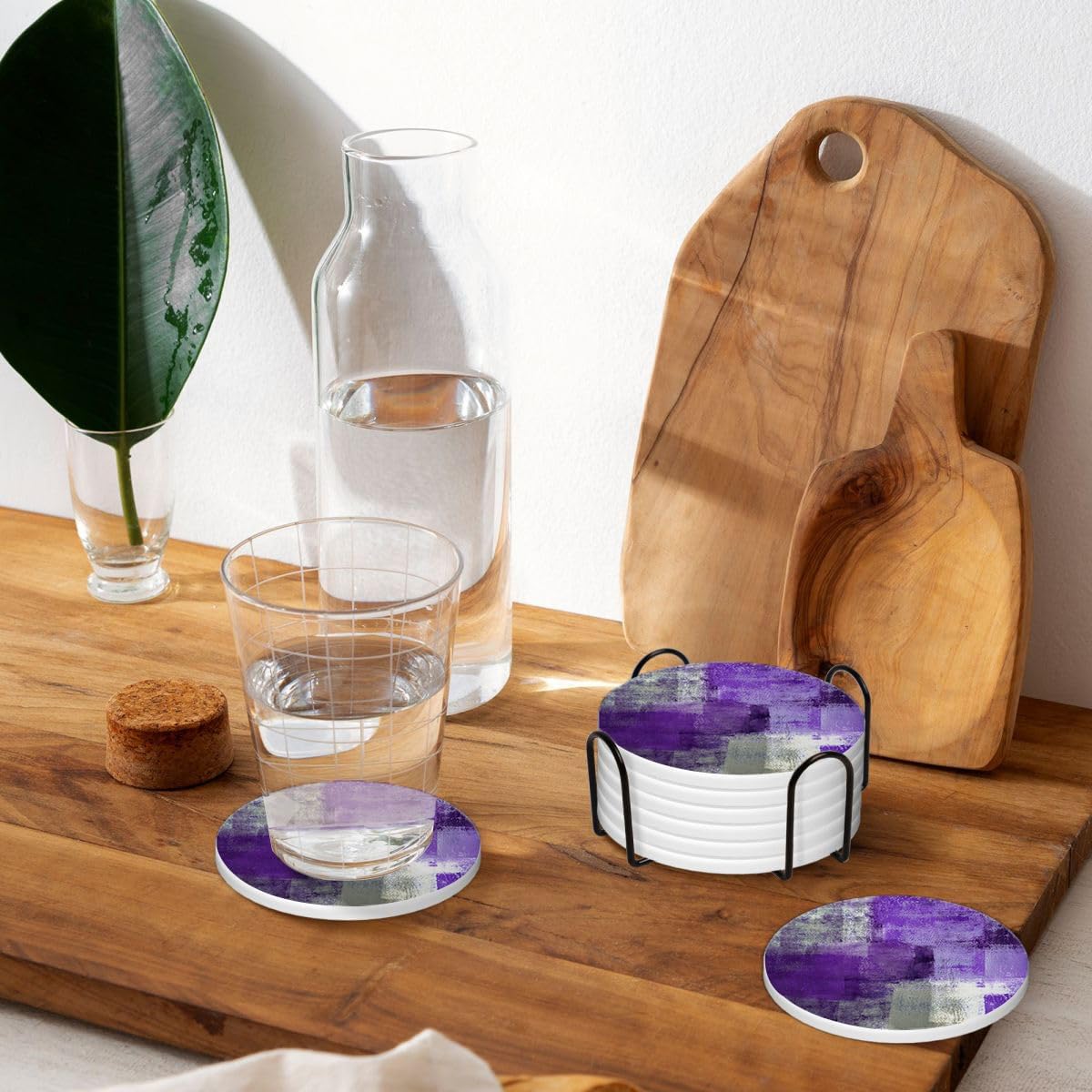 LOKMU Coasters for Drinks,Round Absorbent Ceramic Stone Coaster Sets of 6 with Metal Holder Stand,Purple and Grey Abstract Art Coasters with Cork Base for Coffee Wooden Table,Housewarming Gifts