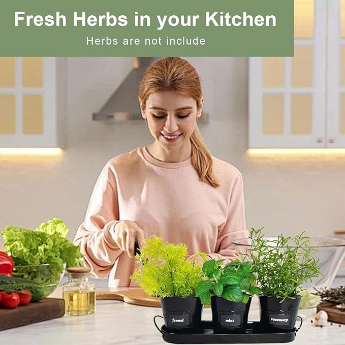 4" Herb Garden Planter Kit, Indoor Herb Planters with Tray, Set of 3 Metal Windowsill Pots for Flower Plants with Drainage Hole, Customizable Labels & Marker Pen, Black