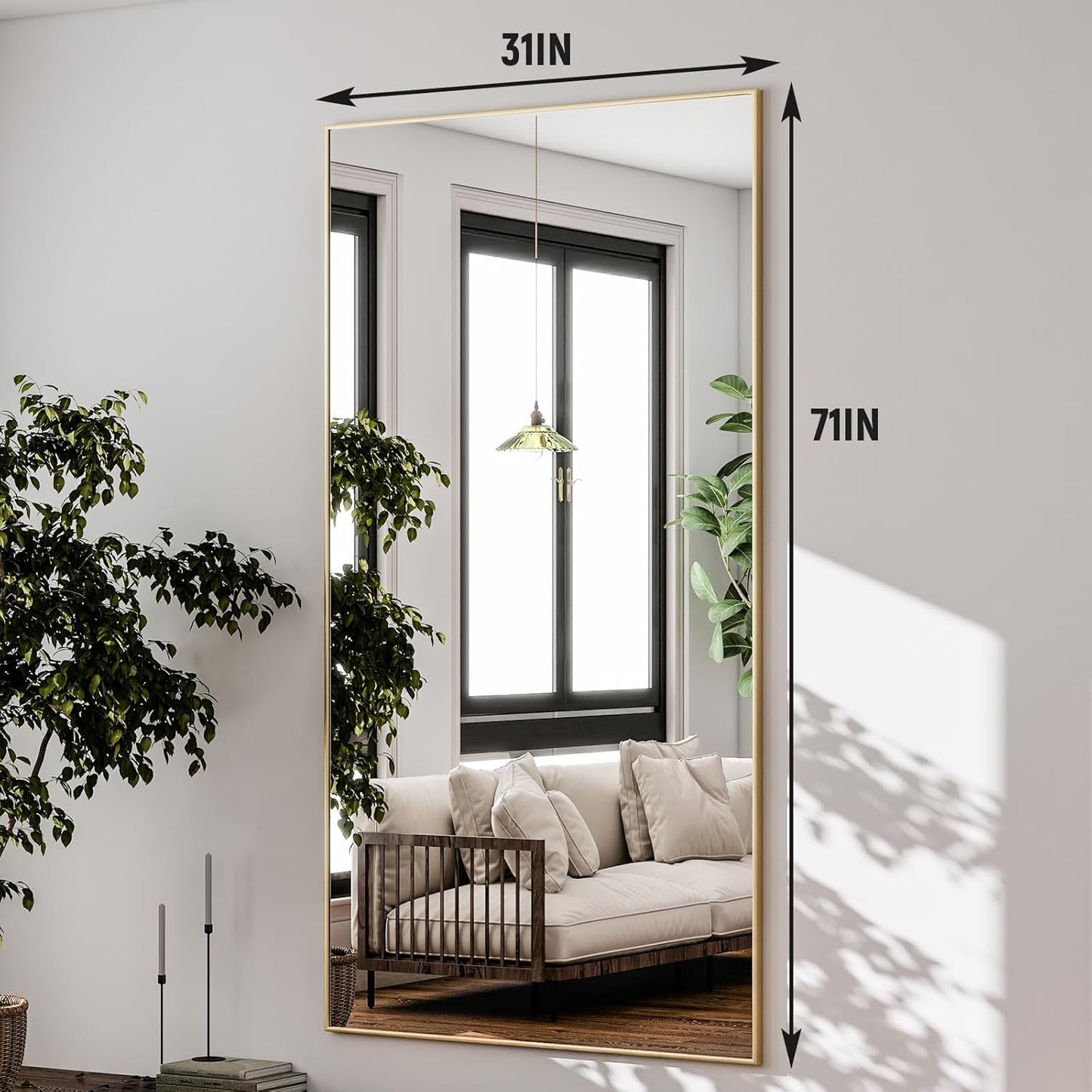 GLSLAND 71"x31" Full Length Mirror Extra Large Hanging or Leaning Rectangle Mirror Aluminum Alloy Thin Frame Bedroom Floor Dressing,Gold