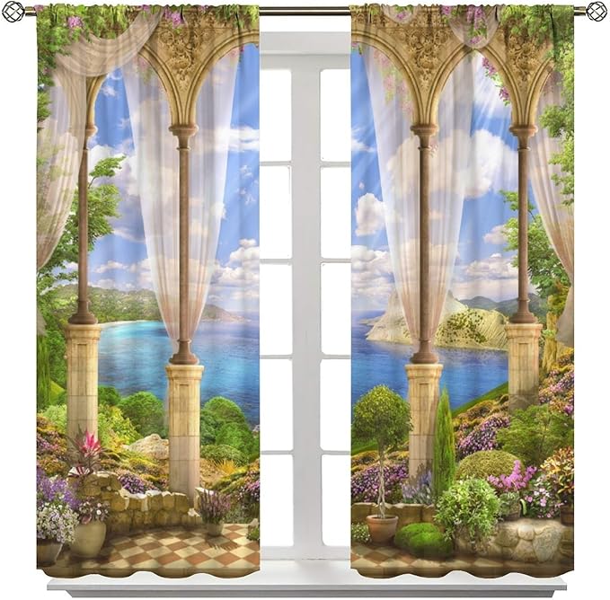 Gothic Blackout Curtains,Fantasy Spring Garden Arch Pattern Drapes Window 2 Panel Rod Pocket Curtain for Bedroom Living Room Decor 31.5" W X 72" L