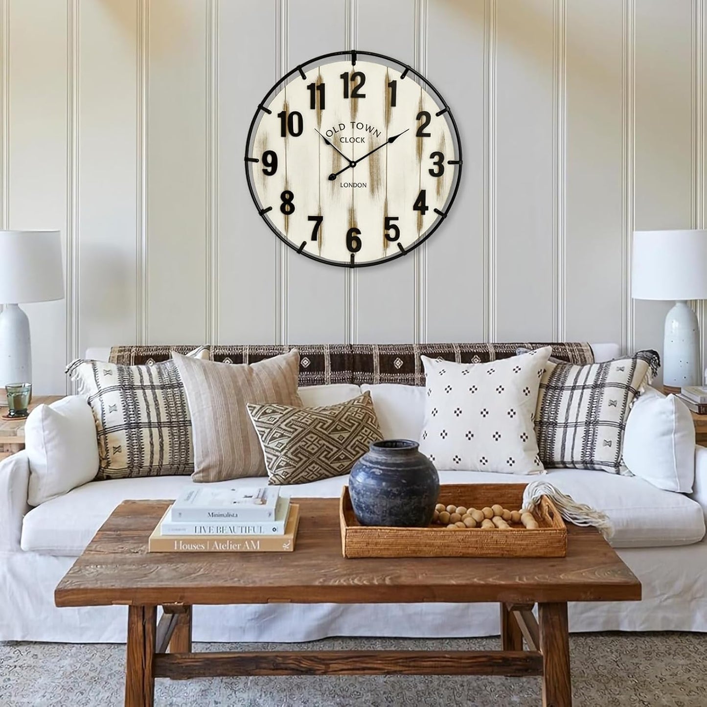 Farmhouse White 30 Inch Wooden Large Wall Clock, Silent Non-Ticking Quartz Movement, Battery Operated Modern Rustic Clock for Living Room, Kitchen, Office, Home Decor