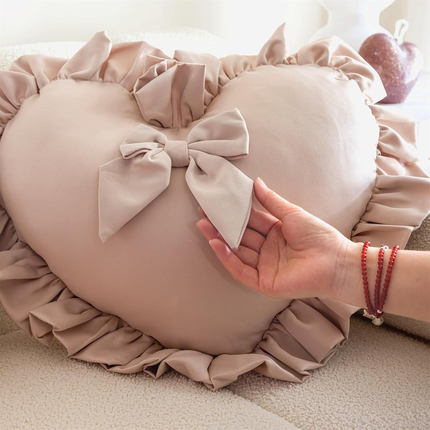 Heart Pillows, Cute Soft Room Decor Ruffled with Bow Love Heart Shape Throw Pillows Sofa Cushion Pillow for Living Room Bed Chair Car Decoration, Champagne