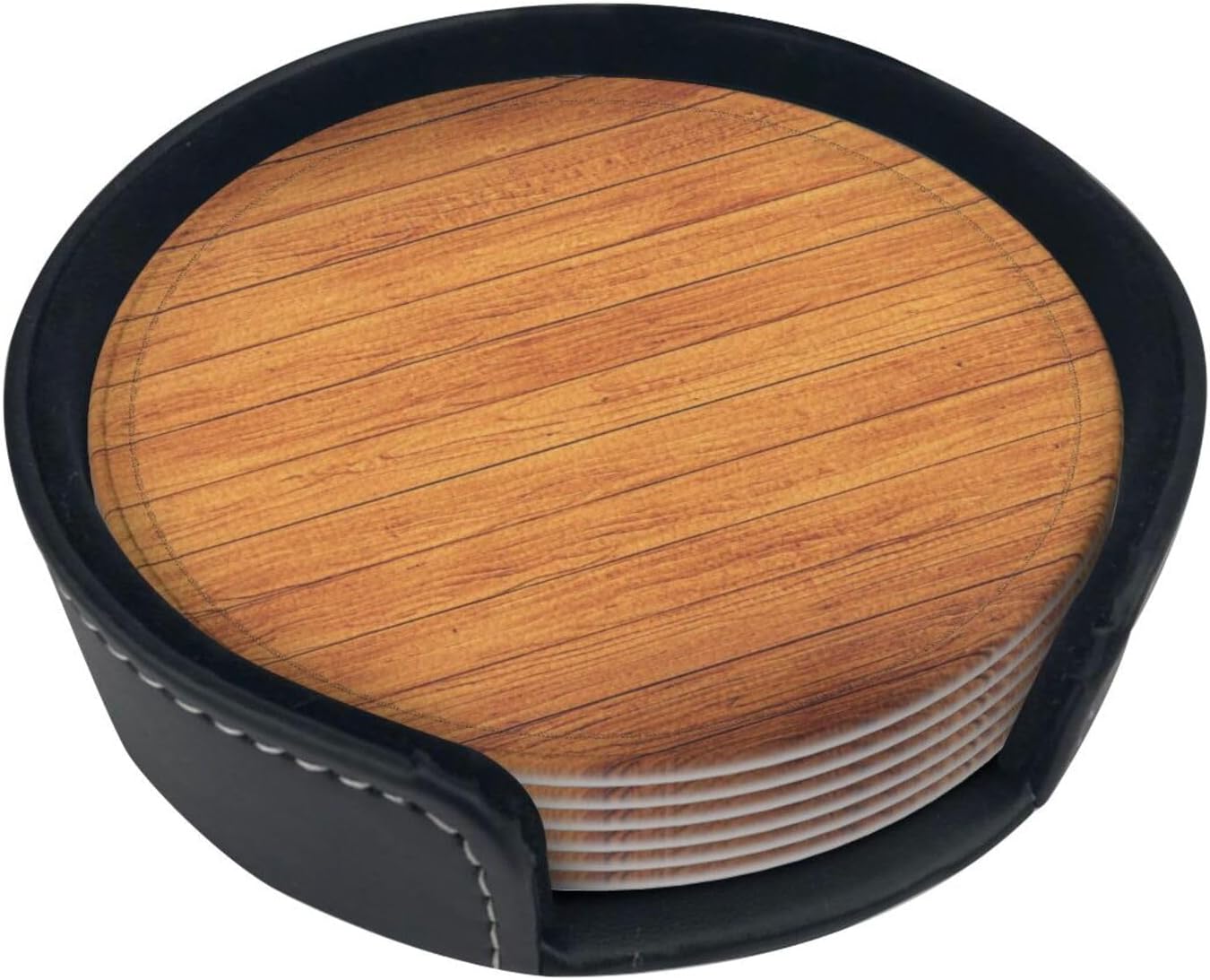 Drink Coasters with Holder Stand Set of 6, Ivy Wood Grain Board Pu Leather Absorbent Coasters with Cork Base Table Round Coaster for Housewarming Apartment Kitchen Bar Decor