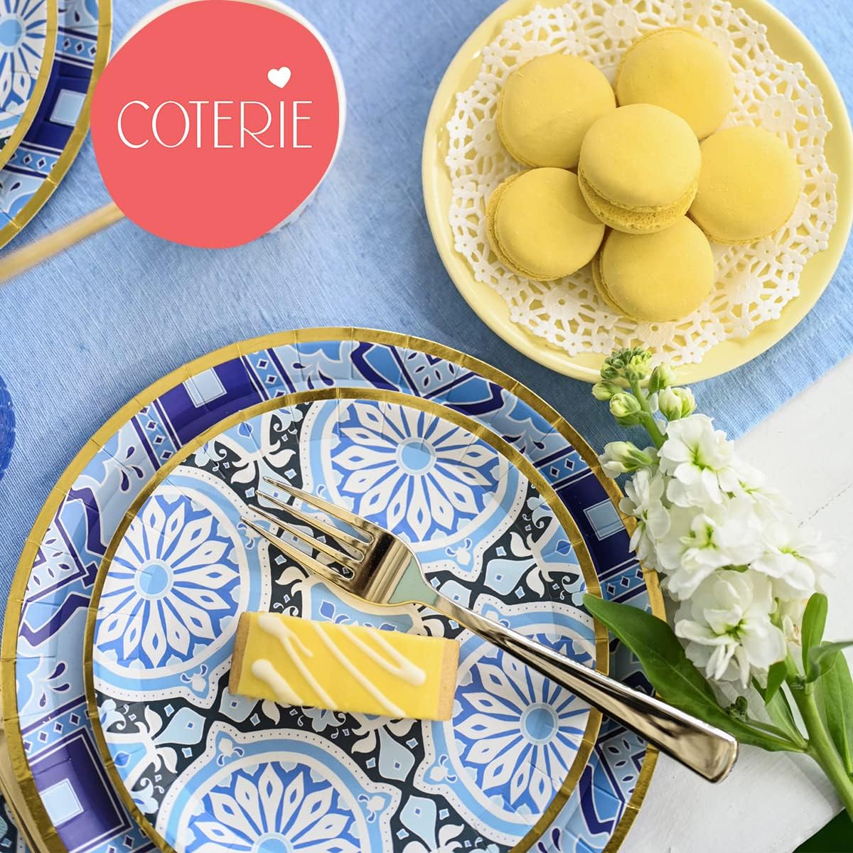 Coterie Blue and Gold Plates (Set of 10 Small) Moroccan, Navy, Nice for Wedding, Bridal Shower, Dinner Party | 7.25" Fancy Paper Plates