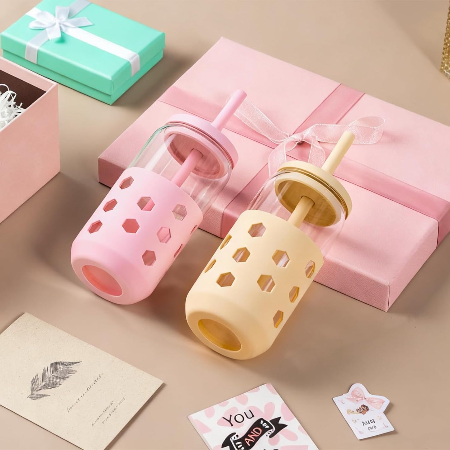 Glass Cups with Silicone Lids and Straws (4 Pcs), 16oz Drinking Glasses Set with Silicone Sleeves for Coffee Bar Accessories Iced Coffee Cups with Lids, Glass Tumbler Reusable for Gifts