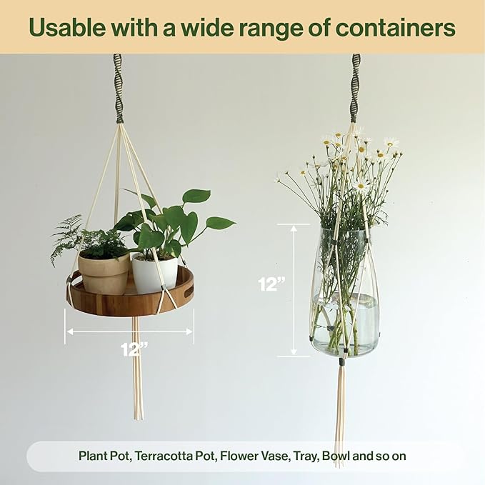 Macrame Plant Hanger Polyester Rope 42 Inch Outdoor Indoor Adjustable Hanging Planter for up to 10 Inch Plant Pot Modern Boho Home Decor (Ivory/Forest Green)