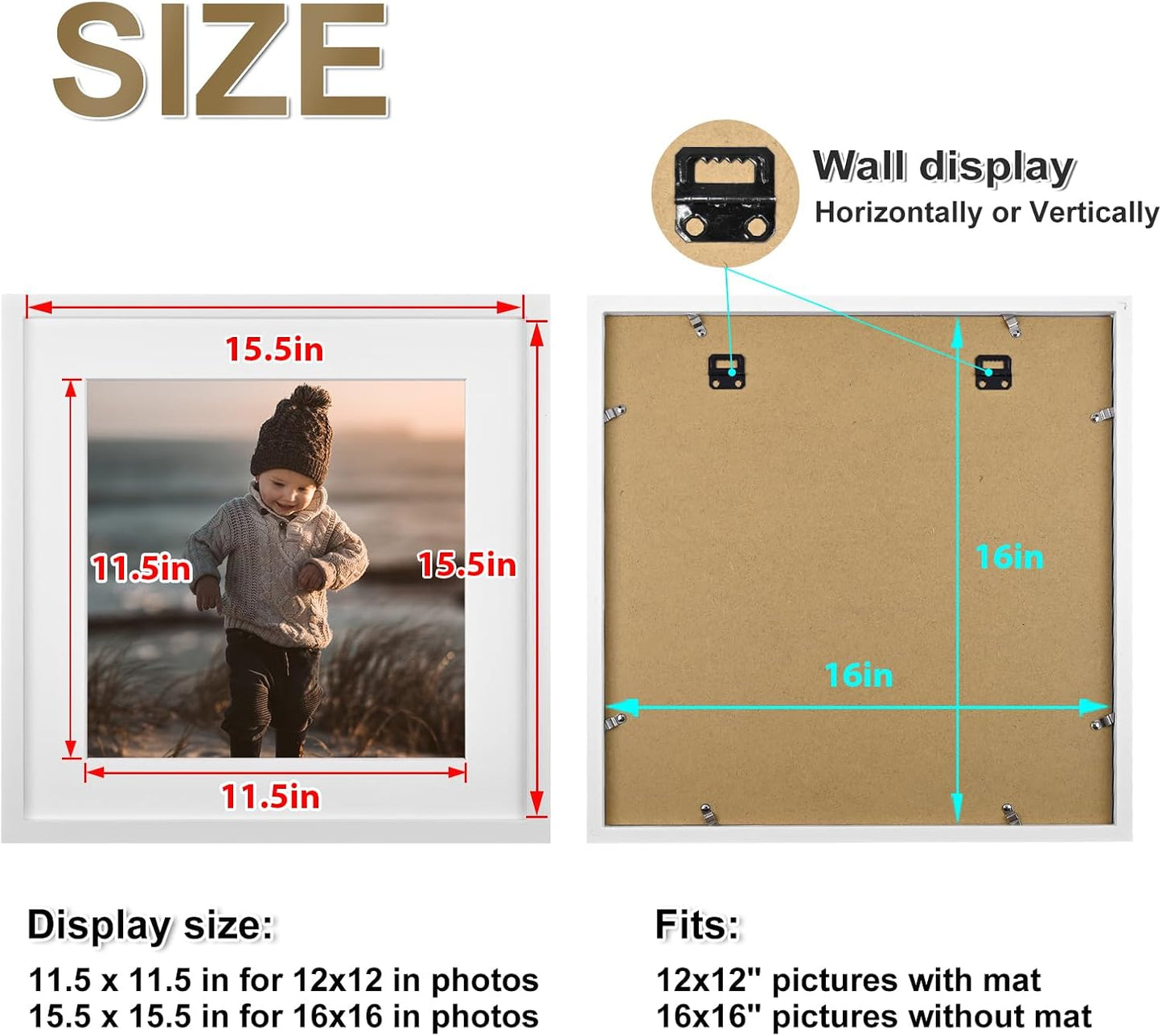 KINLINK 16x16 Picture Frame, White Square Solid Wood Frames for Pictures 12x12 with Mat or 16x16 without Mat, Wall Display Photo Frames White 1 Pack