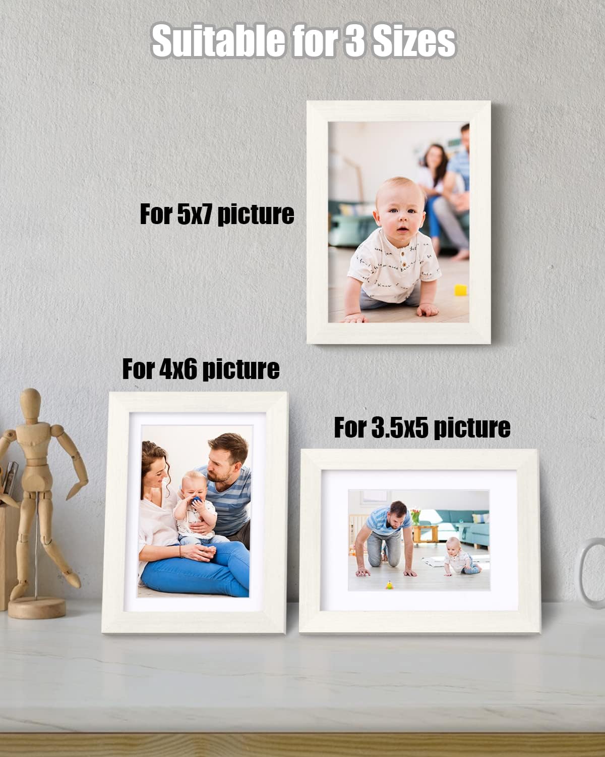 Egofine 5x7 Picture Frames Set of 4, Made of Solid Wood Covered by Plexiglass 3.5x5 and 4x6 with Mat or 5x7 without Mat, for Table Top Display and Wall Mounting Photo Frame Beige