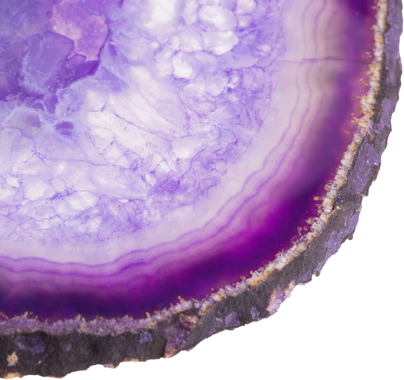 Luxury Lane Set of 4 Large Natural Brazilian Agate Slice Geode Rock Stone Drink Coasters with Wood Holder 4.3-4.7 inch Centerpiece Table Decoration, Amthyst Purple