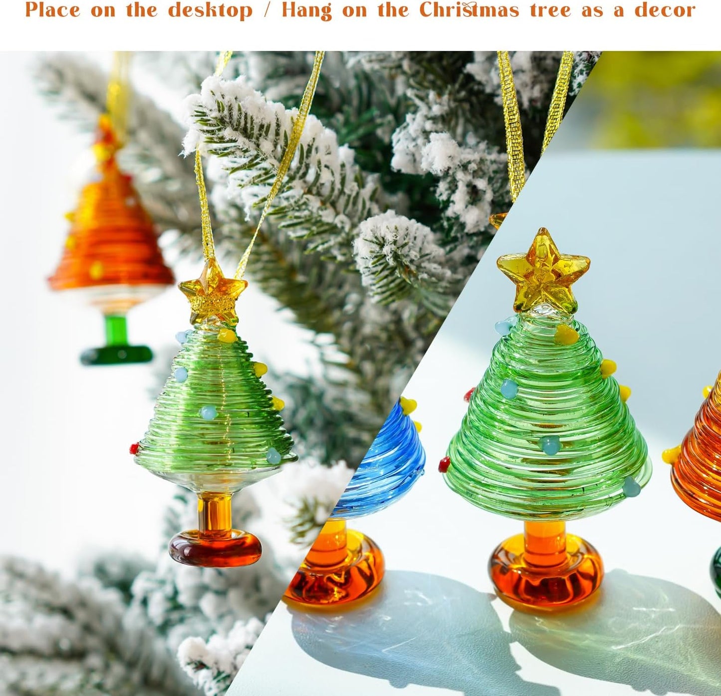 H&D HYALINE & DORA Set of 3, 3 Inch Blown Glass Christmas Tree Mini Handmade Christmas Tree Figurines Ornaments Art Glass Christmas Decoration for Home Tabletop Festival Gifts
