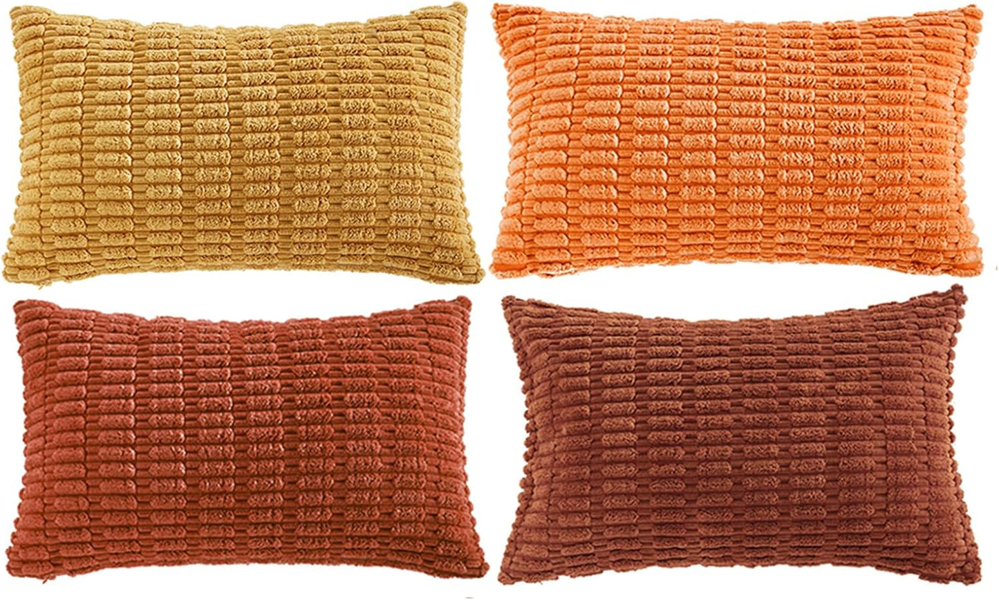 Fancy Homi Set of 4 Burnt Orange Fall Lumbar Decorative Throw Pillow Covers 12x20 Inch for Couch Bed Chair, Farmhouse Boho Room Decor, Soft Fuzzy Corduroy Textured Striped Cushion Case 30x50cm