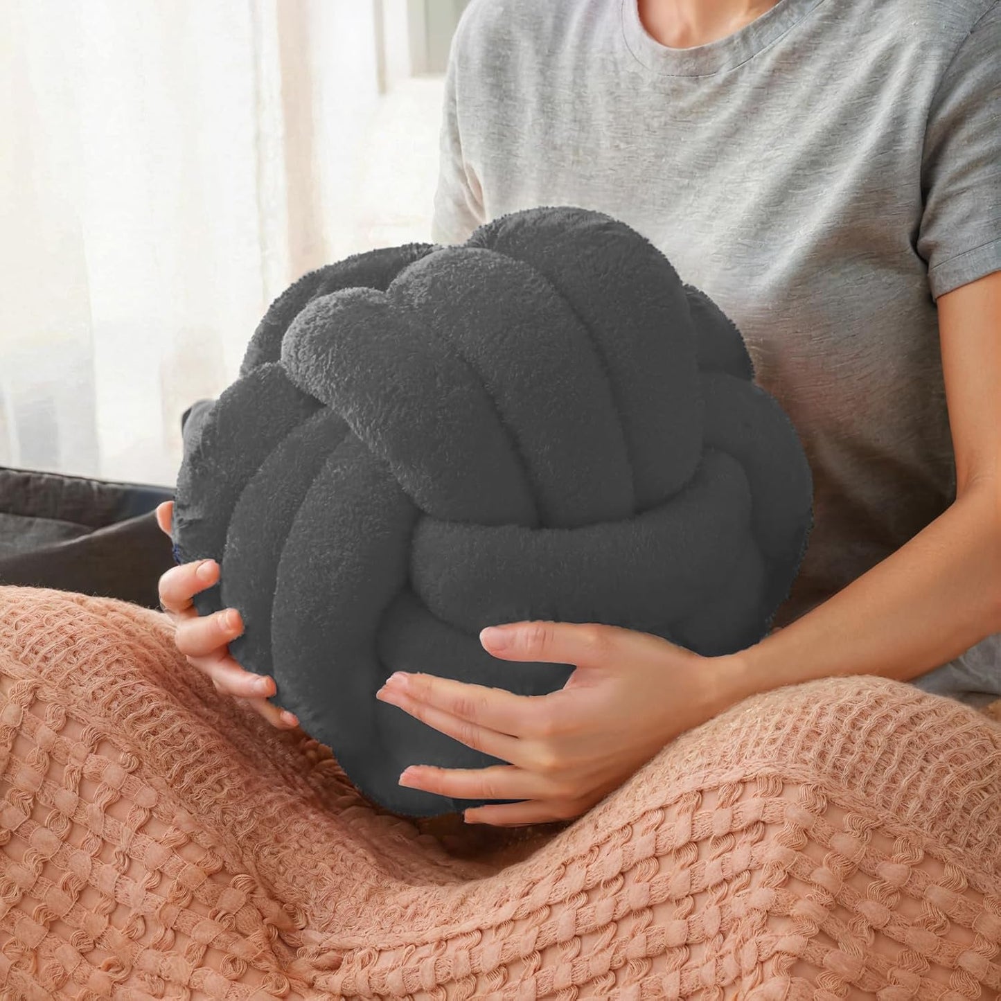 Knot Pillow Ball Plush - Decorative Throw Pillows for Bed Stress Relief, Round Knot Cushion for Sofa Decor Pet Toy, Grey 12 inch