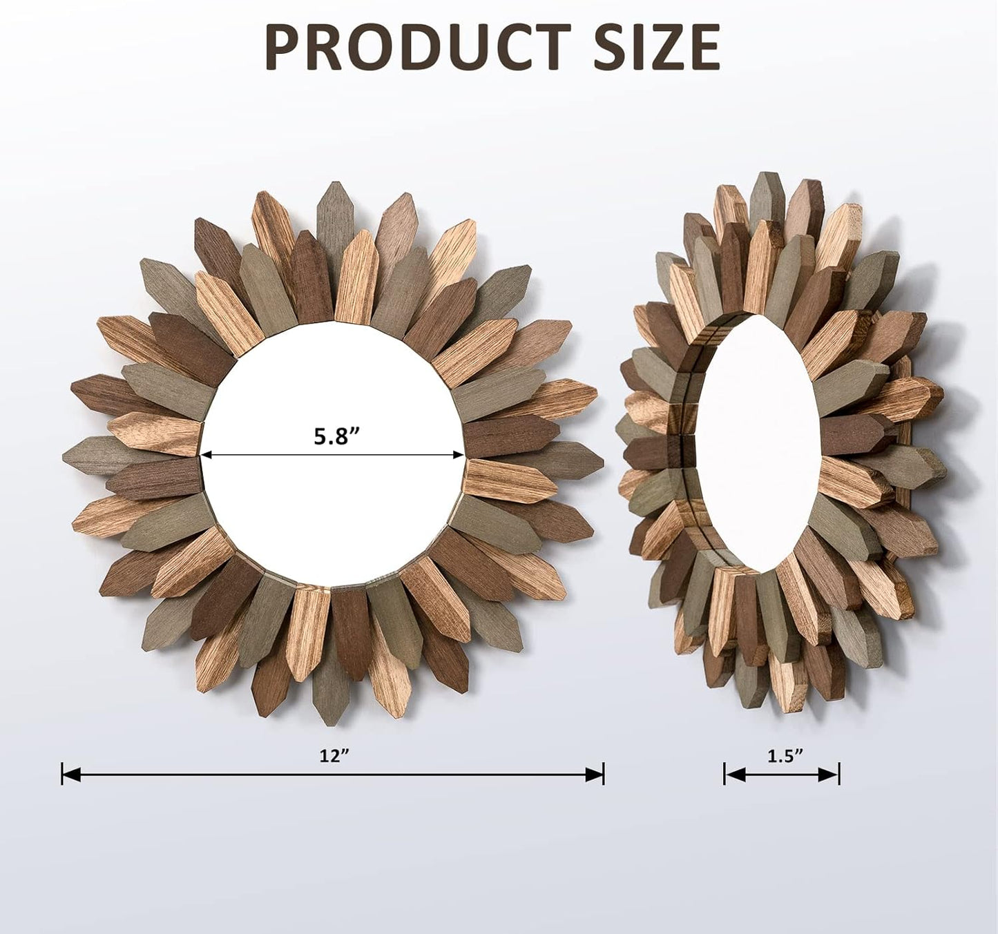 Honiway Boho Wall Decor 12 inch Decorative Mirror with Rustic Wood Sunburst Frame, Perfect for Bedroom, Living Room, Bathroom, Kitchen