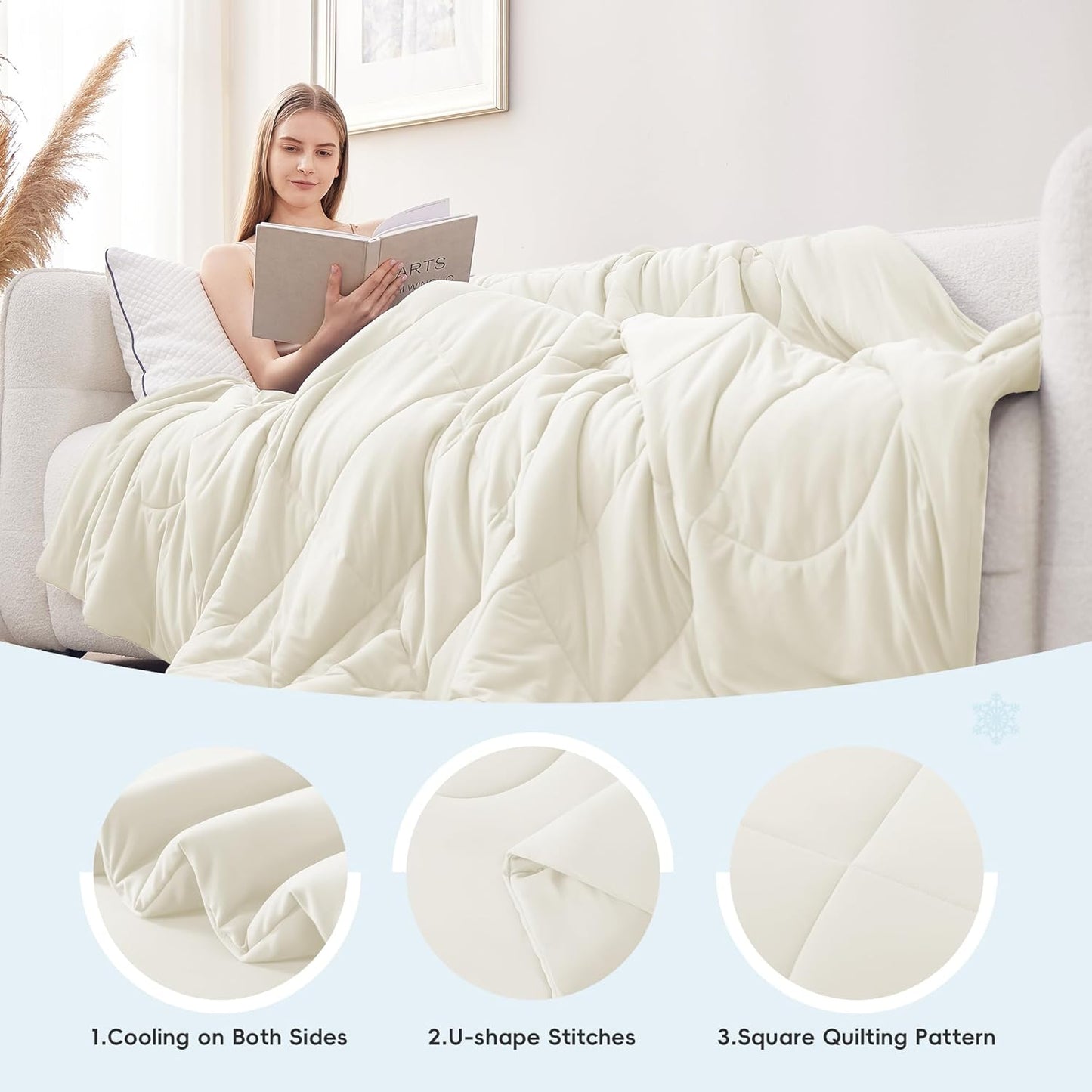 Cooling Comforter Full/Queen Size, All Season Blanket for Hot Sleepers, Lightweight Comforter for Night Sweats, Double-Sided Cooling Bedding for Bed, Sofa, Office, Camping (Beige,90"*90")
