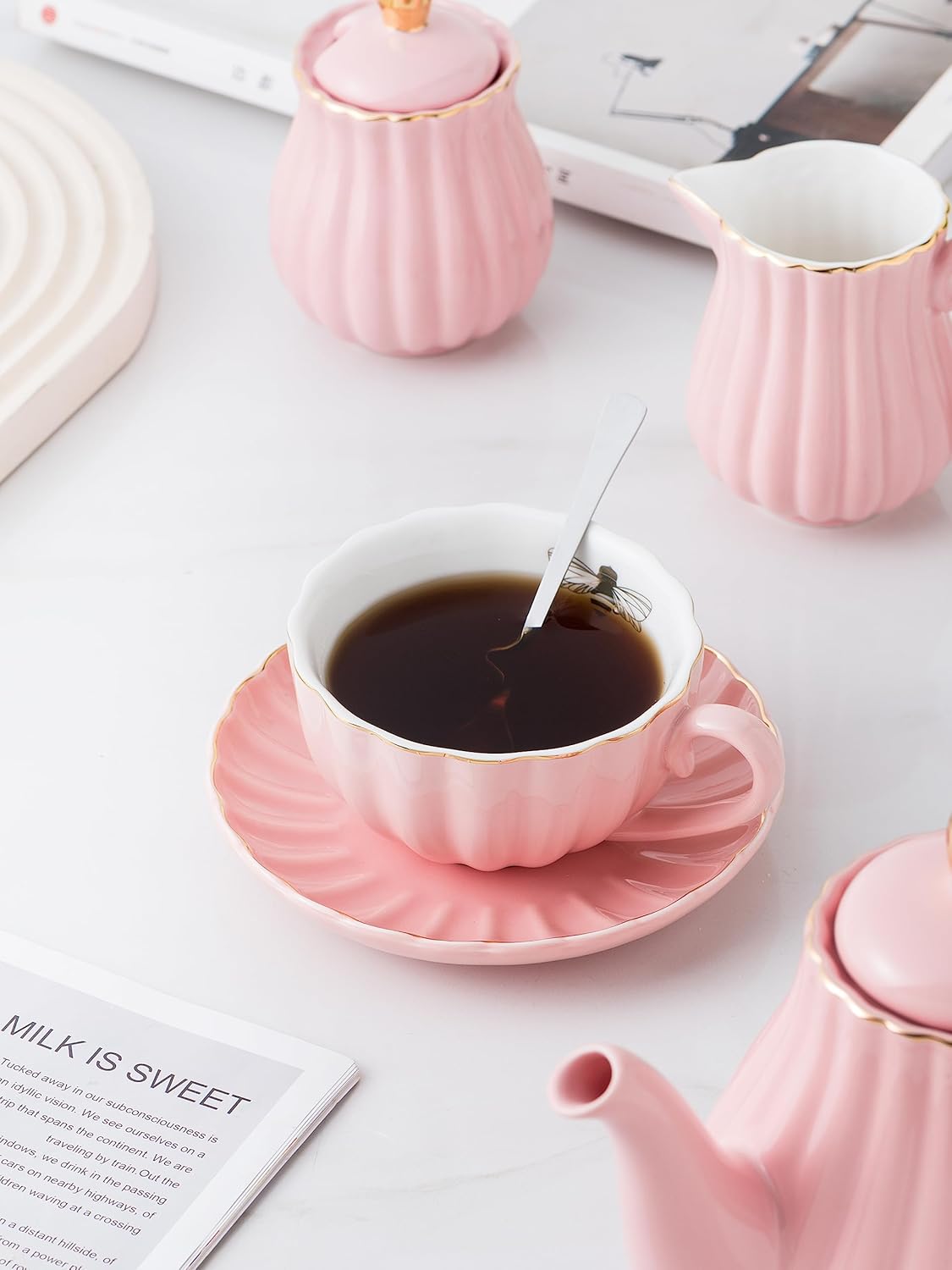 CLAY TONIC- 8 OZ Fine China Pink Coffee Cup/Teacup Set, Cups& Saucer, with Teapot-Sugar Bowl-Cream Pitcher Teaspoons and tea strainer for Tea/Coffee,24-Pieces- Service for 6 (Pink)