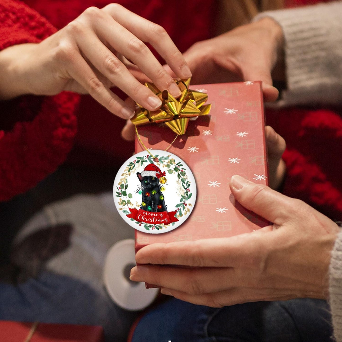 Black Cat Christmas Ornament - Meowy Christmas Tree Decoration, Cat Gifts and Decor, Hanging Ornament