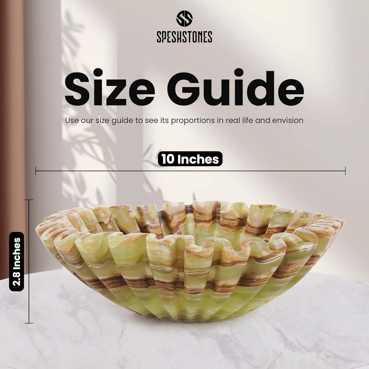 Marble Decorative Bowl 10 Inch Green Onyx Large Fruit Bowl for Kitchen Counter and Dining Table Centerpiece - Modern Stone Ruffle, Fluted and Scalloped Bowls for Home Decor