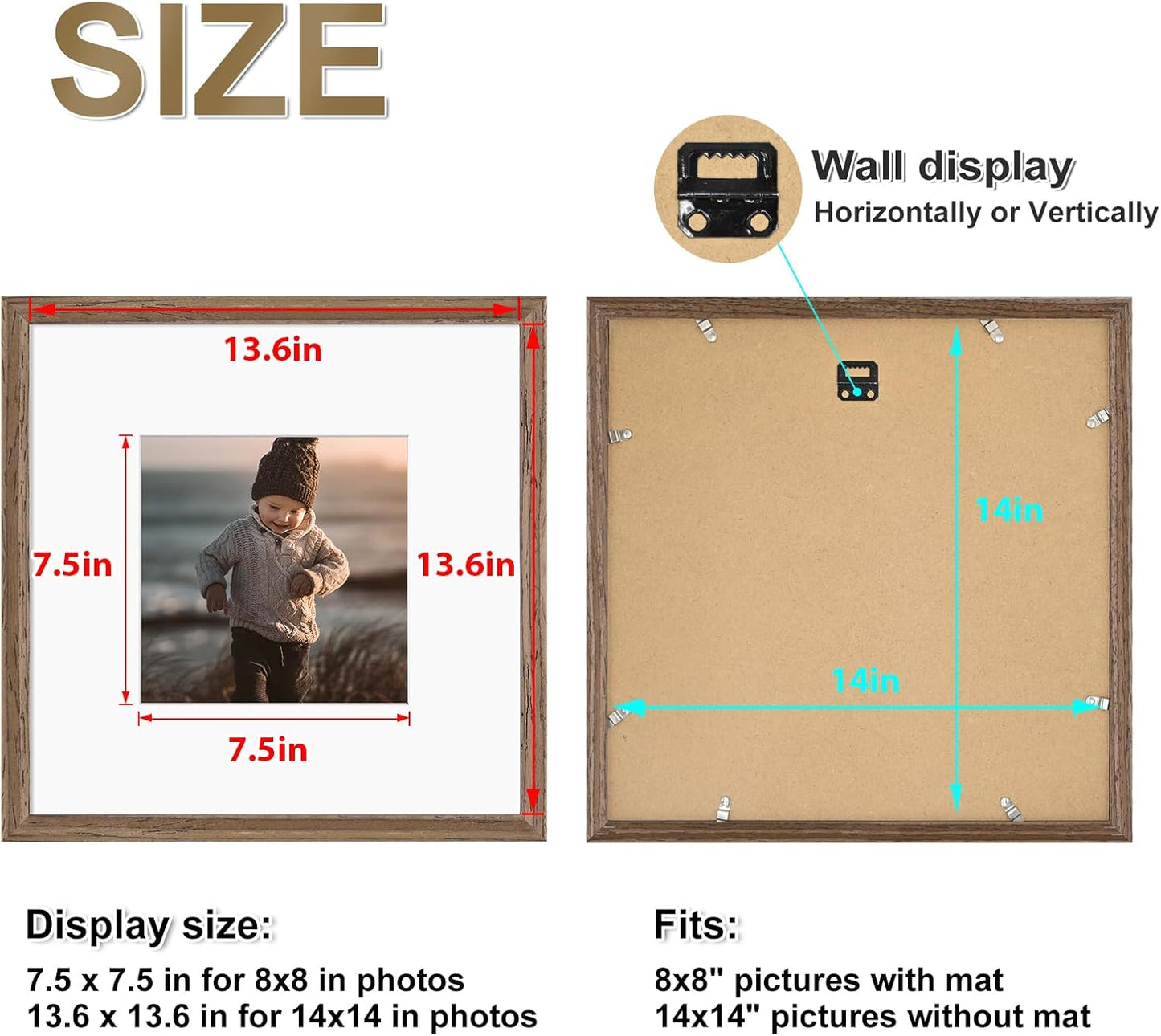 KINLINK 14x14 Picture Frame, Brown Square Solid Wood Frames for Pictures 8x8 with Mat or 14x14 without Mat, Wall Display Photo Frames Brown Wood 4 Pack