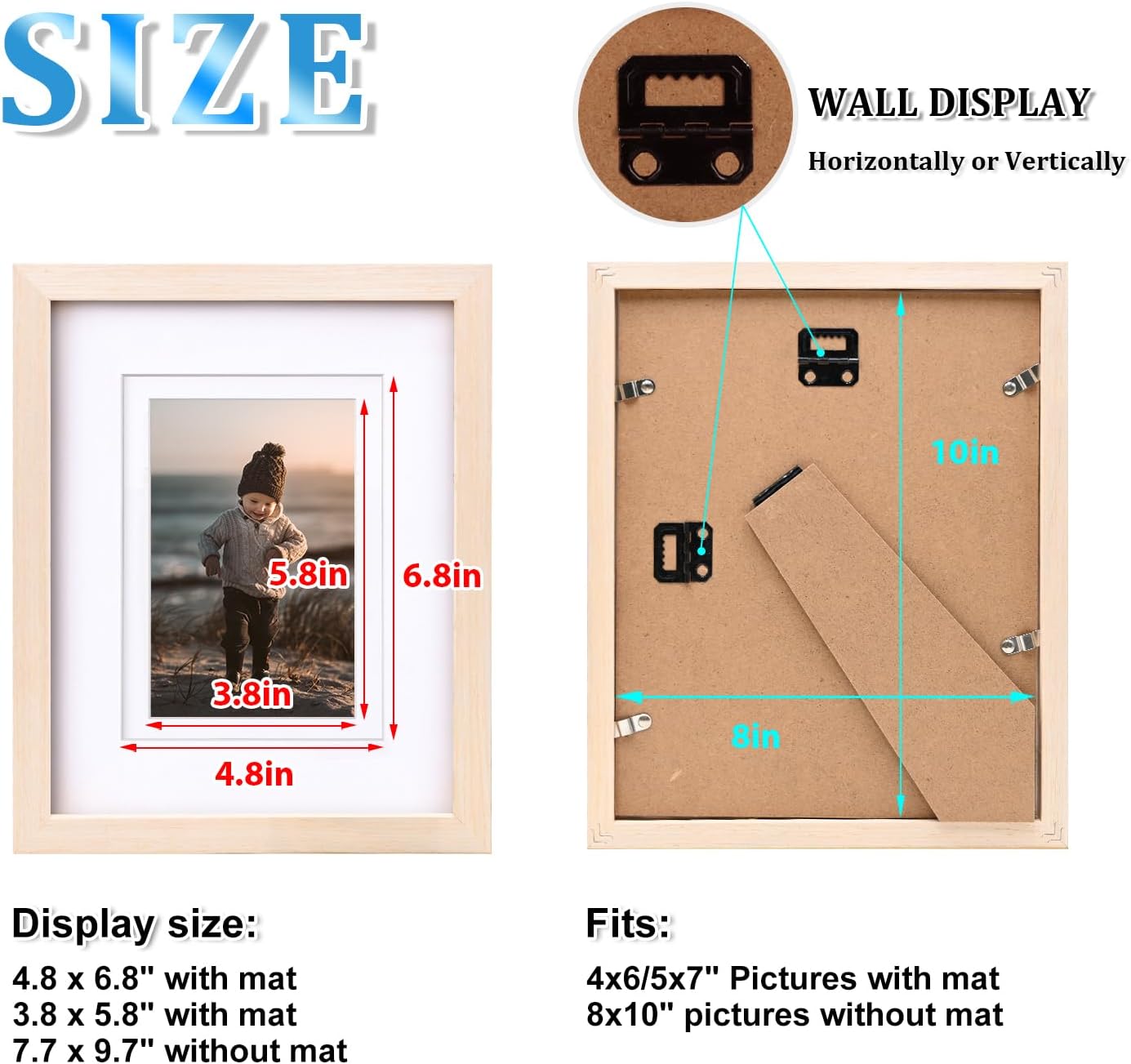 KINLINK 8x10 Picture Frame White Oak, Solid Light Wood Frames with Acrylic Plexiglass for Pictures 4x6/5x7 with Mat or 8x10 without Mat, Tabletop and Wall Display, Set of 4