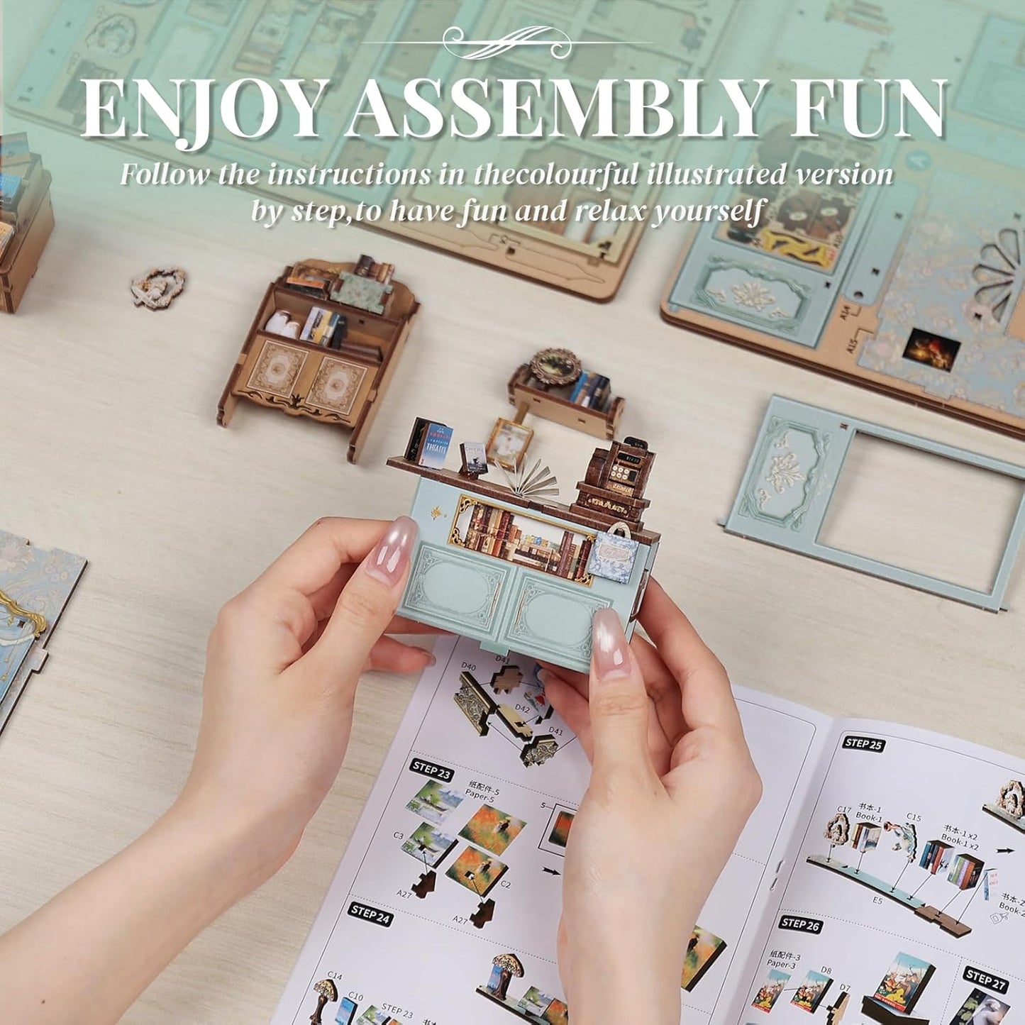 Cutefun Book Nook Kit - DIY Miniature Dollhouse Kit 3D Creative Decorative Bookend 3D Wooden Puzzle for Adults, Bookshelf Insert Library Decor with LED Light (Muse Bookstore)