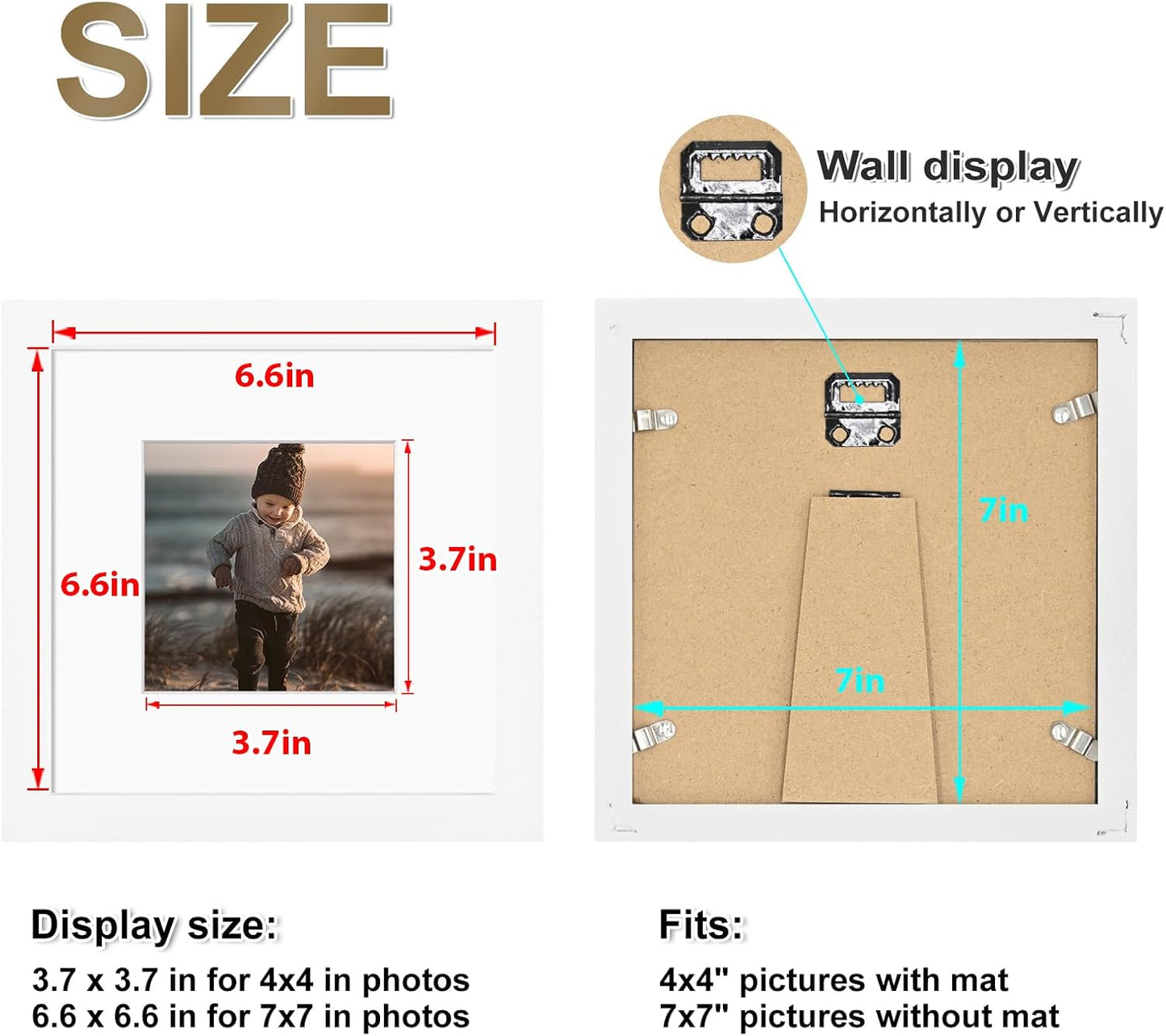 KINLINK 7x7 Picture Frame, White Square Solid Wood Frames for Pictures 4x4 with Mat or 7x7 without Mat, Wall and Tabletop Display Photo Frames White 4 Pack