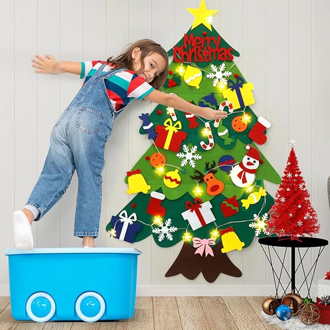 YEAHBEER Felt Christmas Tree for Kids, 3.2FT Felt Christmas Tree for Toddlers, 32 Detachable Ornaments, Toddlers Wall Hanging Decorations, Luminous Snowflake Bulb, DIY Felt Xmas Decor