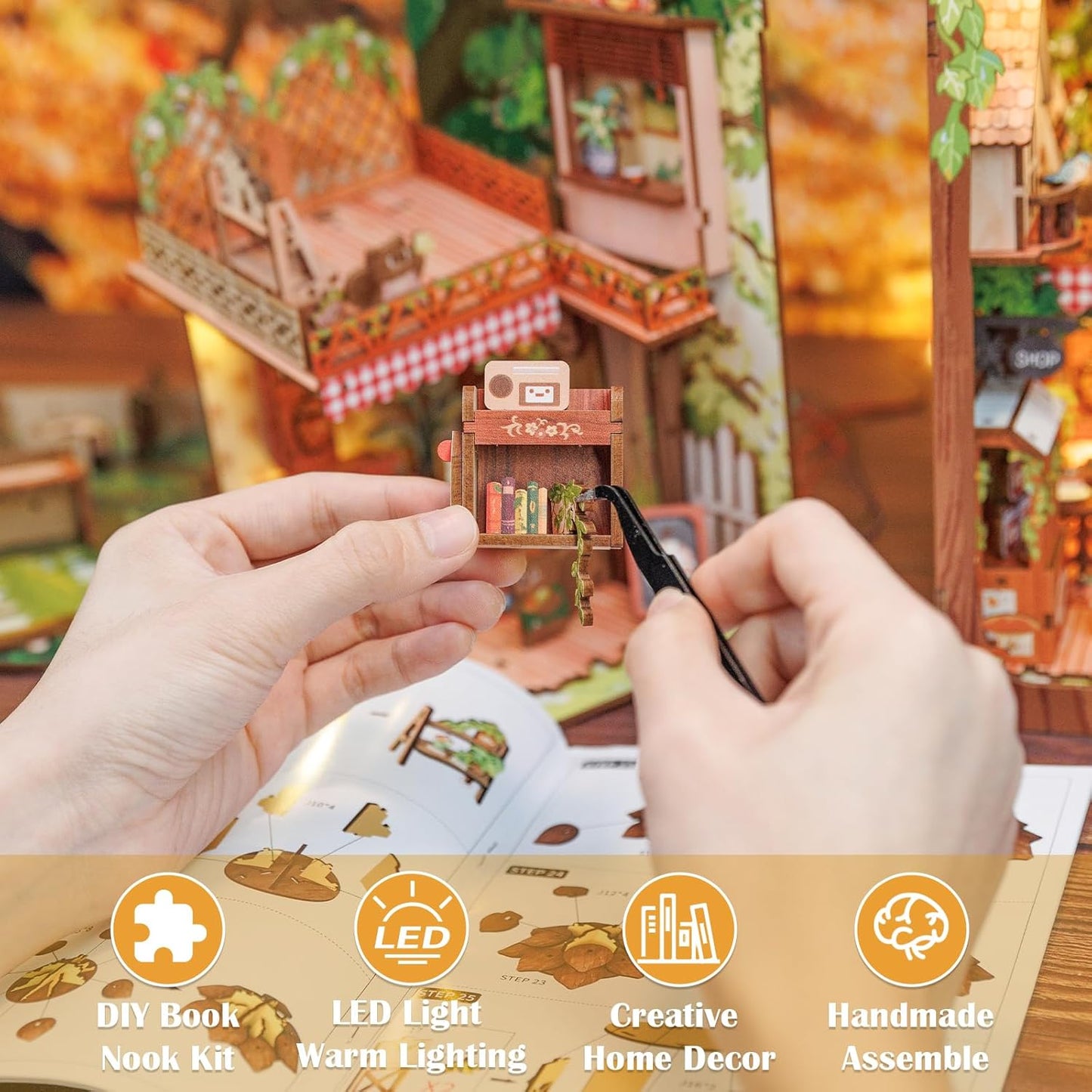 Cutefun Book Nook Kit, DIY Miniature Dollhouse Kit for Teens and Adults, 3D Wooden Puzzle Bookends with LED Light, Bookshelf Insert Decor with Dust Cover, Christmas Birthday Gifts (Squirrel Collector)