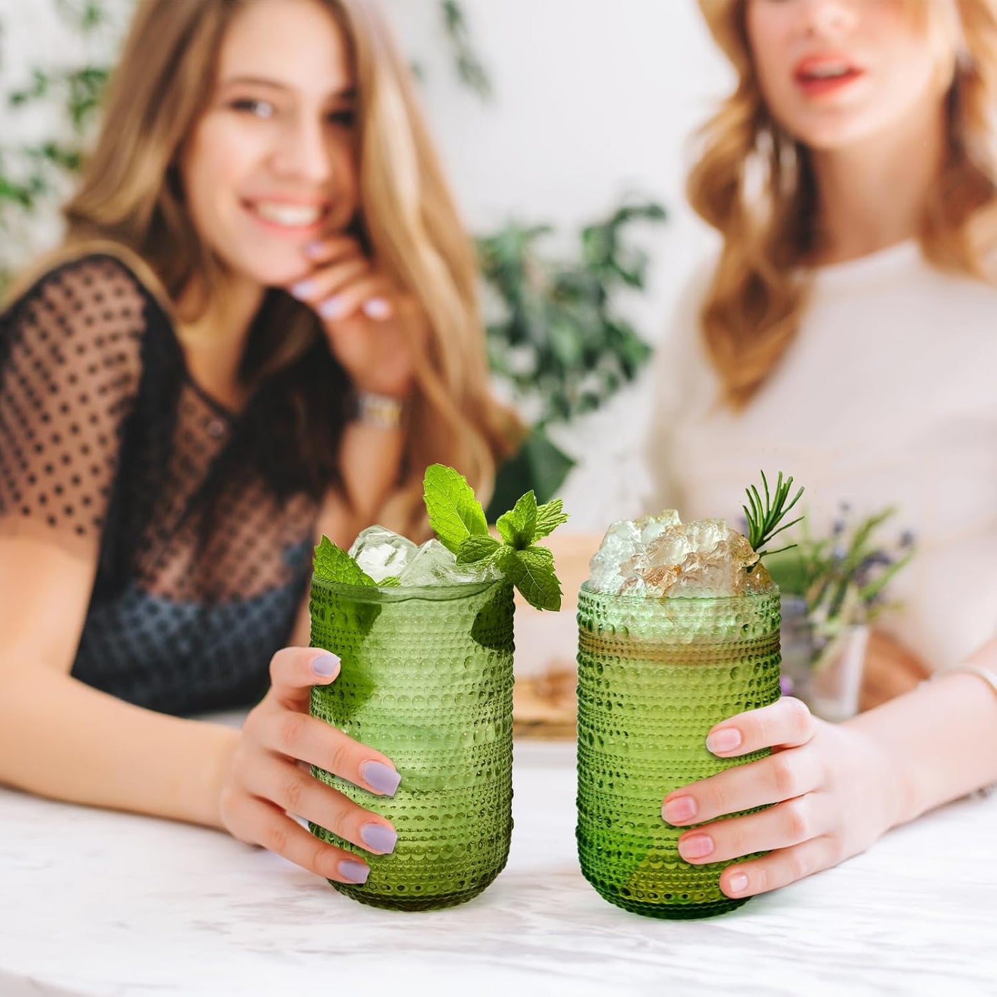 Hobnail Drinking Glasses Set of 6, 14 oz Vintage Glassware Set, Embossed Green Water Tumbler for Beer, Juice, Cocktail, Whiskey, Milk, Green