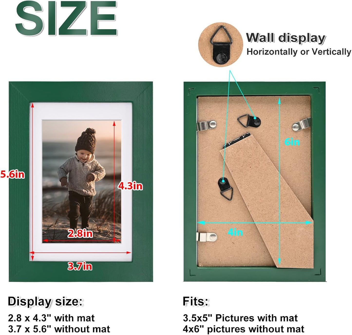 KINLINK 4x6 Frame Green, Solid Wood 4 x 6 Picture Frame with Acrylic Plexiglass for 3.5x5 with Mat, Tabletop and Wall Display Photo Frames 4x6 Green, 4 Pack