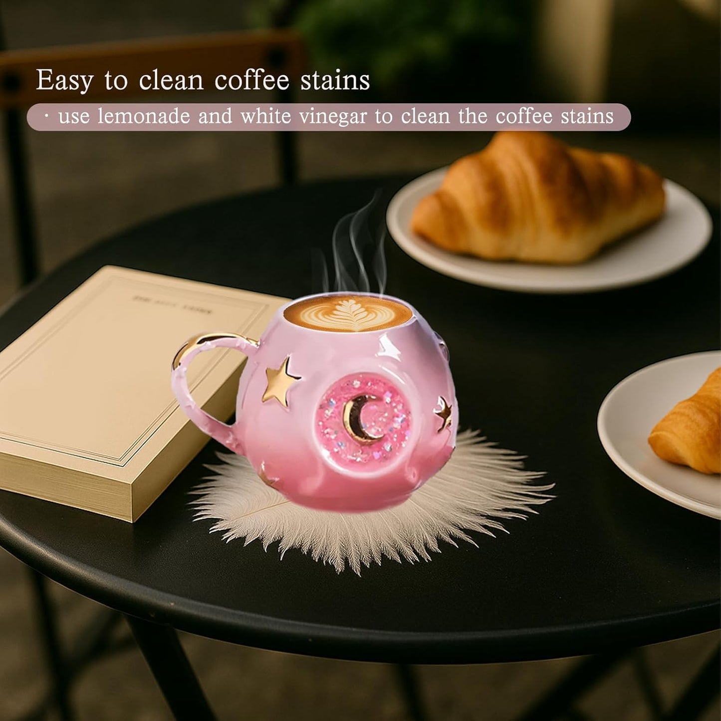 Handmade Coffee Cup 400ML with Fancy Tarot Star/Moon Design, Fashion Starry Sky Ice Coffee Cup, Gradient Pink Pottery Tea Cup for Home/Office (pink)