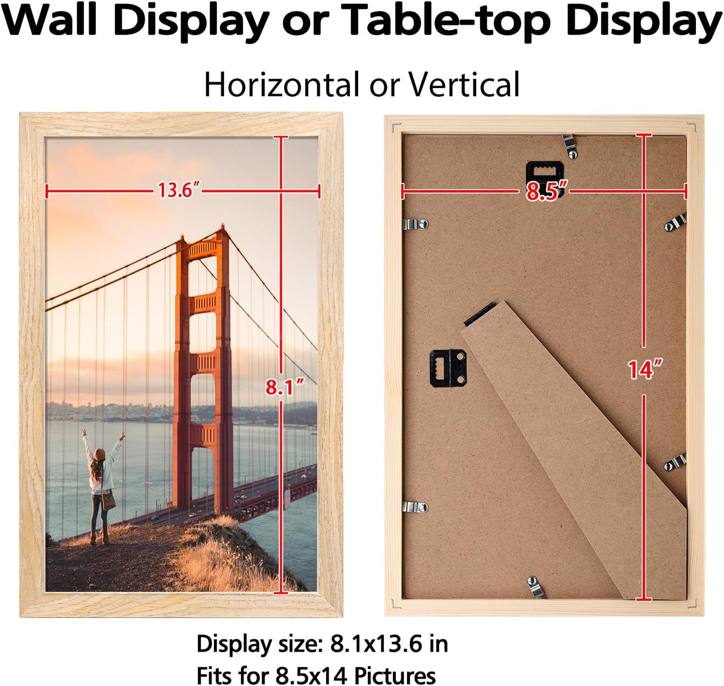 KINLINK 8.5x14 Picture Frame Natural, Solid Wood Frames with Acrylic Plexiglass, Tabletop and Wall Display Photo Frame, Set of 4