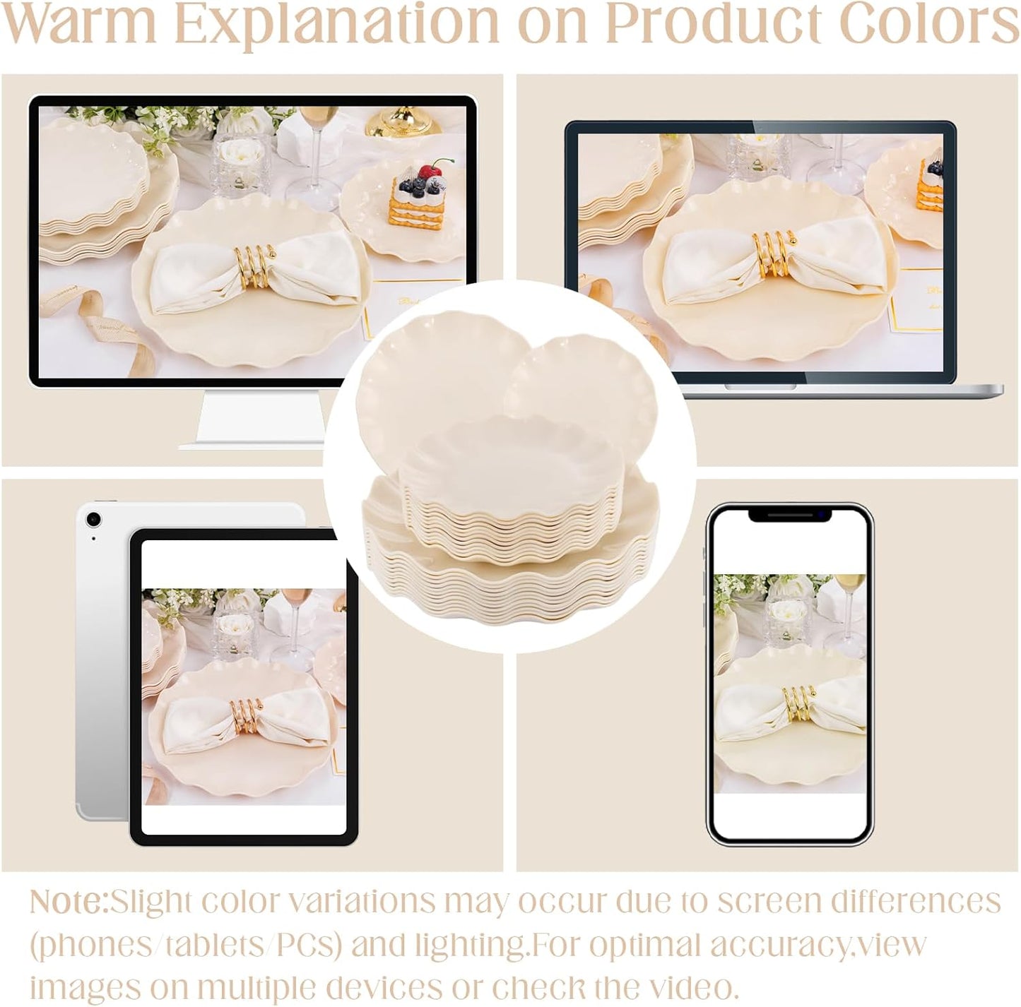 LIYH 24 Pcs Plastic Plates Reusable,Unbreakable Dinner Plates, Scalloped Plastic Plates, Dishwasher Safe,Ivory Plate Sets Perfect for Parties, Birthday, Picnics, BPA Free(12Guests)