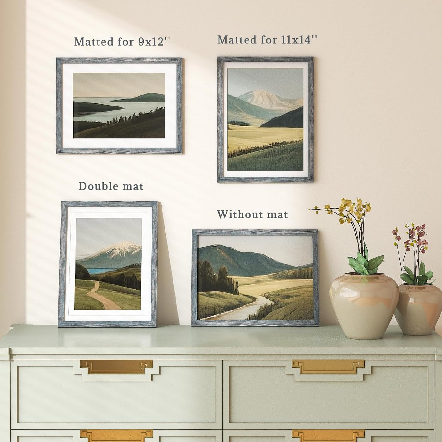 Egofine 12x16 Picture Frames Set of 4, Made of Solid Wood Covered by Plexiglass 9x12 and 11x14 with Mat or 12x16 without Mat, for Wall Mounting Photo Frame Rustic Blue