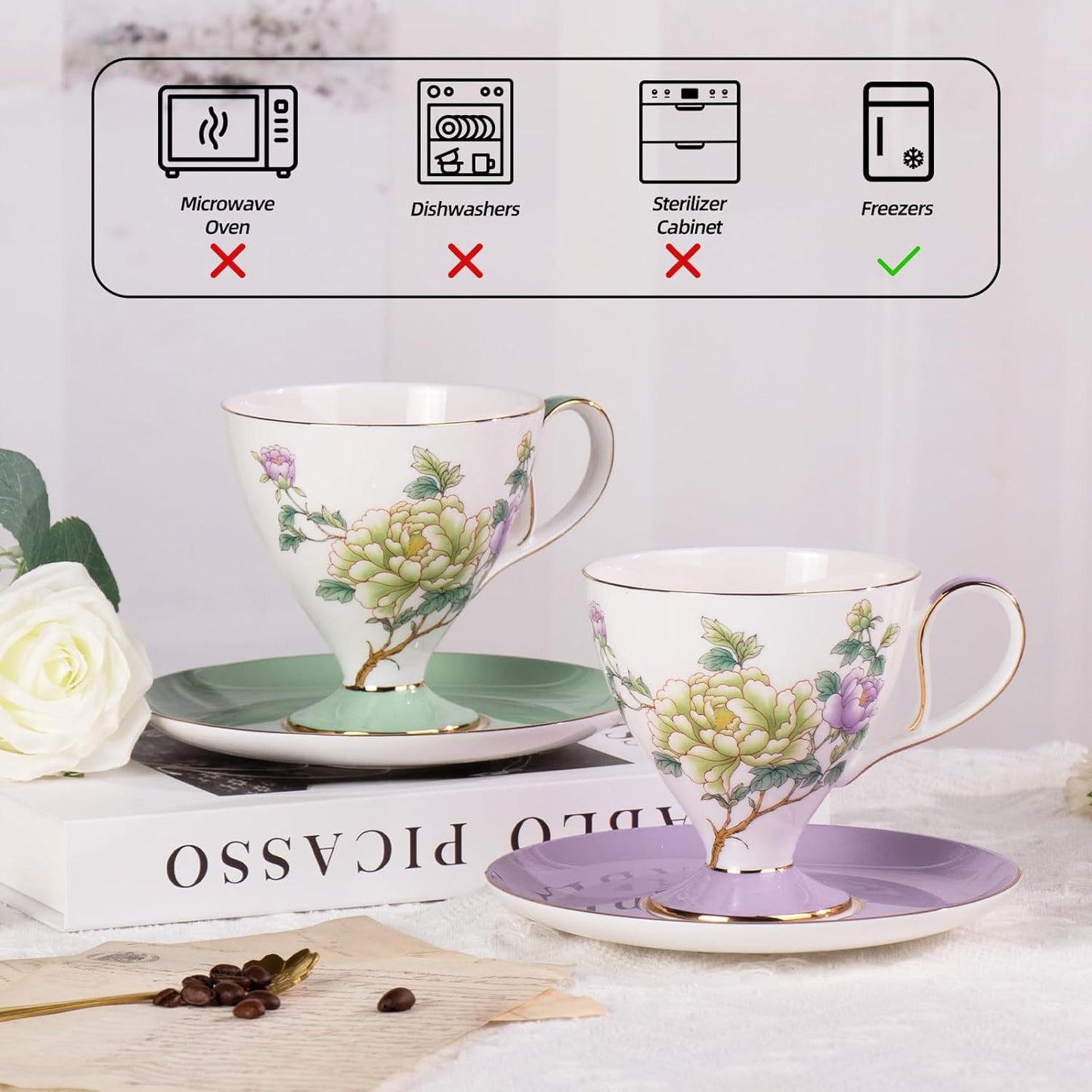 KAMMAK Ceramic Coffee Cups Saucers Set of 2, Porcelain Espresso Cups with Saucers, 8.12 oz Handcrafted Elegant Bone China Tea Cups, Purple Purple & Mint Green Flower Teacup for Party, Office, Gift