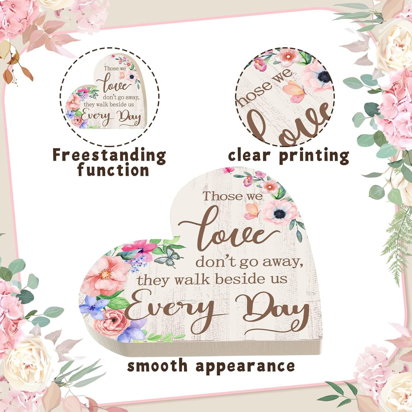 Jetec Sympathy Gift Memorial Wooden Heart for Loss of Loved One Remembrance Bereavement Decor Condolence Sign for Grief Father Mother Son Brother, 6. 3 x 6 x 0. 7 Inches(Flower Style)