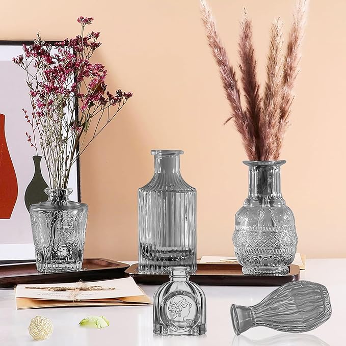 Dark Gray Bud Vases Set, 24 Pcs Vintage Small Vases for Flowers, Clear Crystal Mini Glasses in Bulk, Small Flower Design for Centerpieces Wedding Home Flower Party Decor