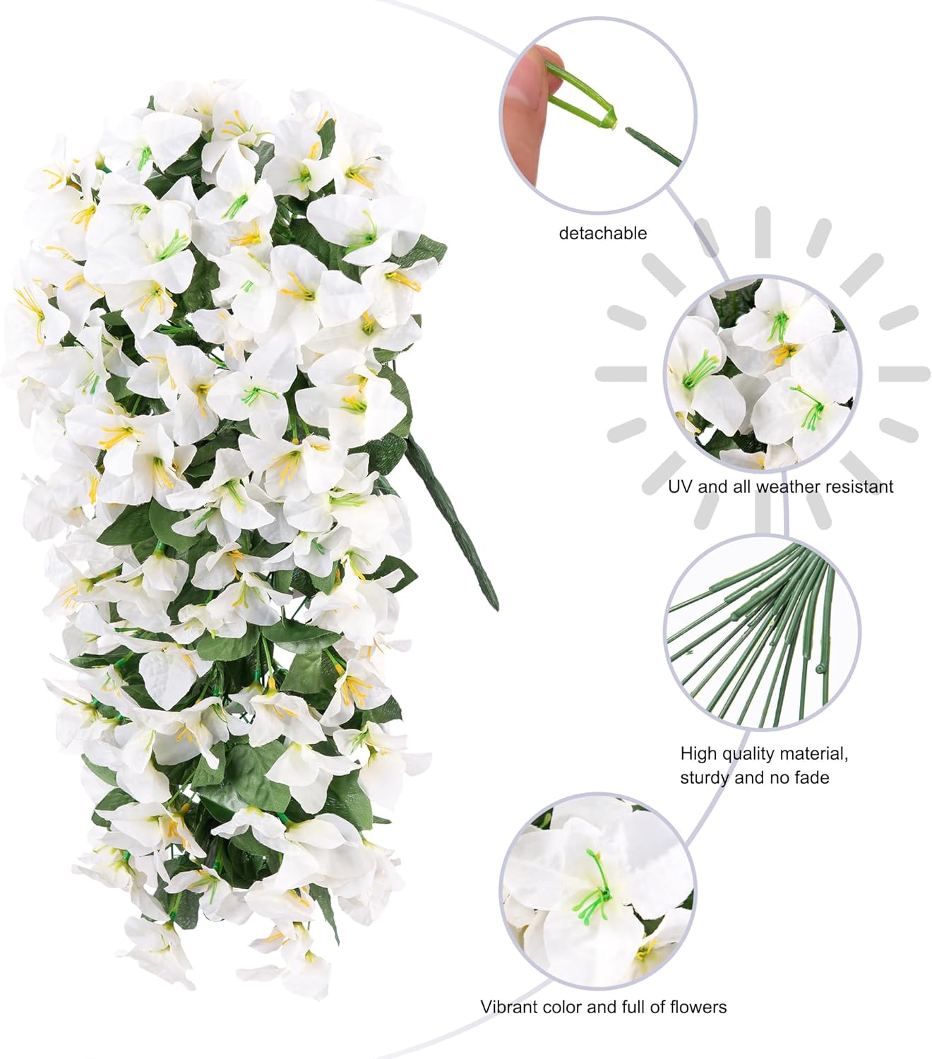 HyeFlora Bougainvillea Artificial Hanging Flowers Plants for Outdoors Decoration, 2pcs Fake Flowers Silk Bougainvillea Vines Realistic UV Resistant Faux Flowers for Outdoor Planters Patio Urn, White