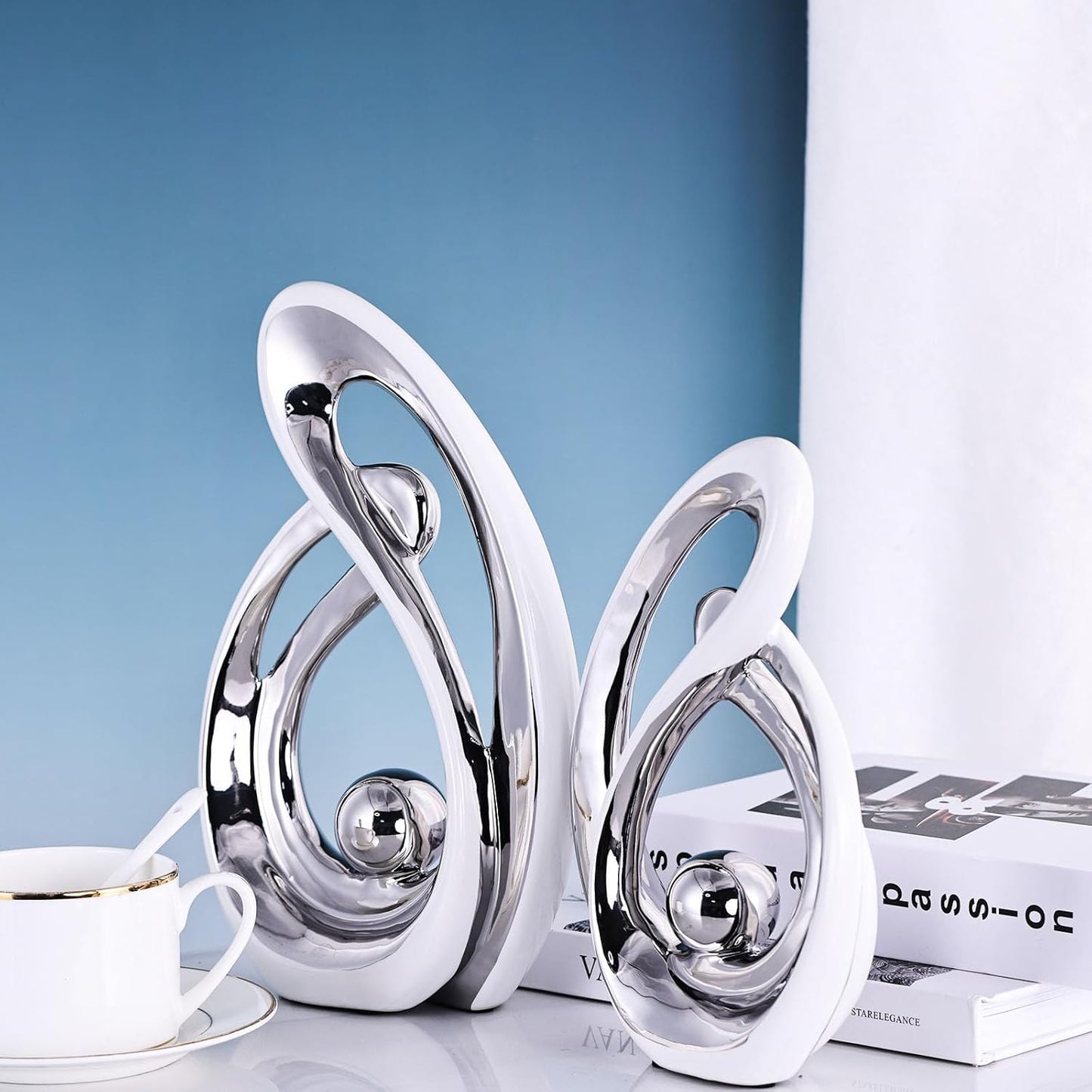 Home Decor Accent,Porcelain Art Mid Century Bookshelf Decorations,Gold Centerpieces for Tables,Abstract Ceramic Statue Sculpture for Coffee Table Mantel Tv Stand Centerpieces (White Silver, Large)