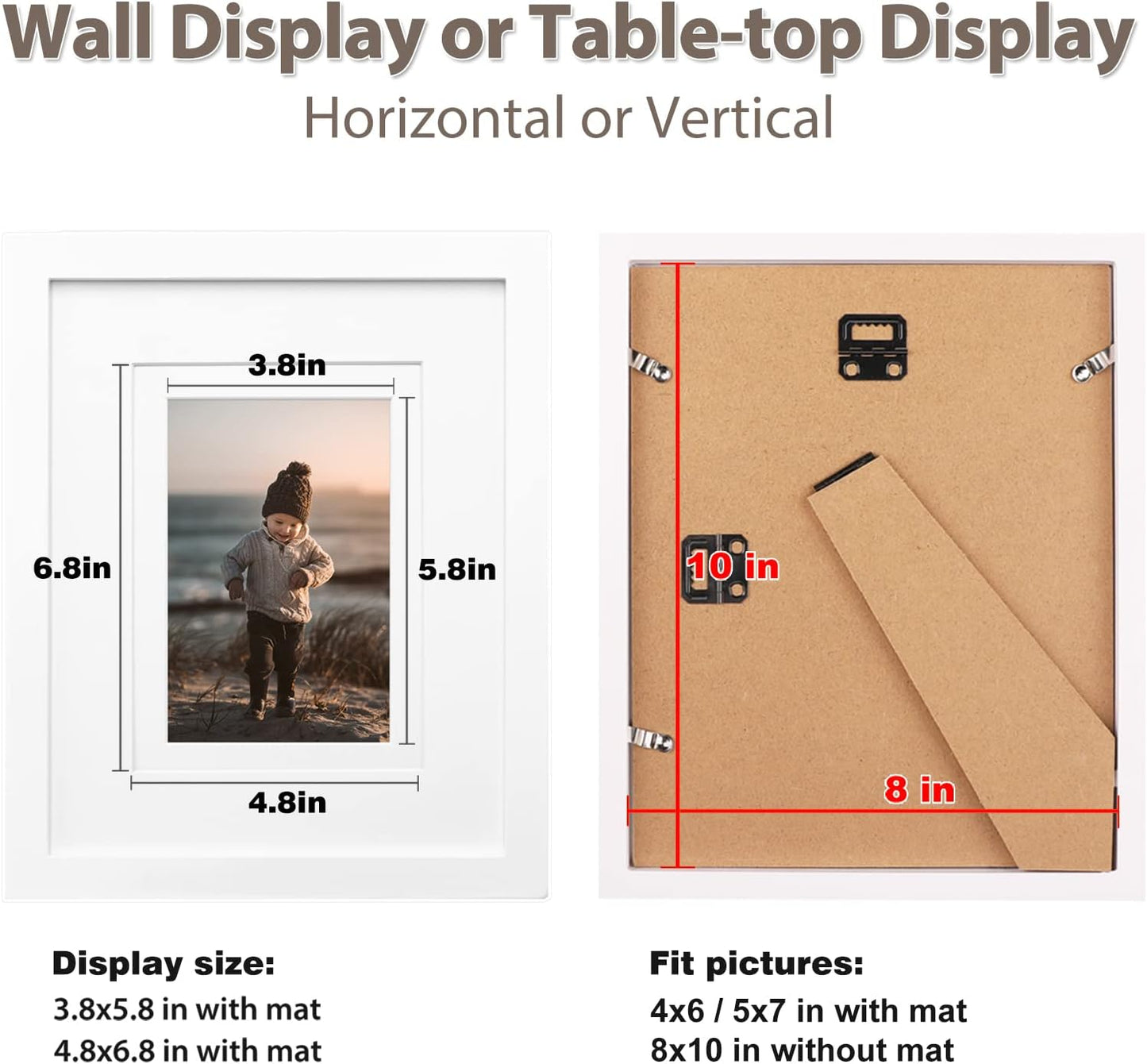 KINLINK 8x10 Picture Frame White, Solid Wood Frames with Acrylic Plexiglass for Pictures 4x6/5x7 with Mat or 8x10 without Mat, Tabletop and Wall Display, Set of 4