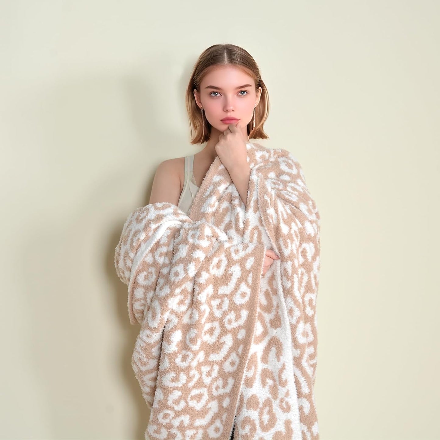 Leopard Knit Throw Soft Cozy Lightweight Blanket for Bed Sofa Couch Breathable Warm Cheetah Blanket Leopard Beige 60x80 Inches
