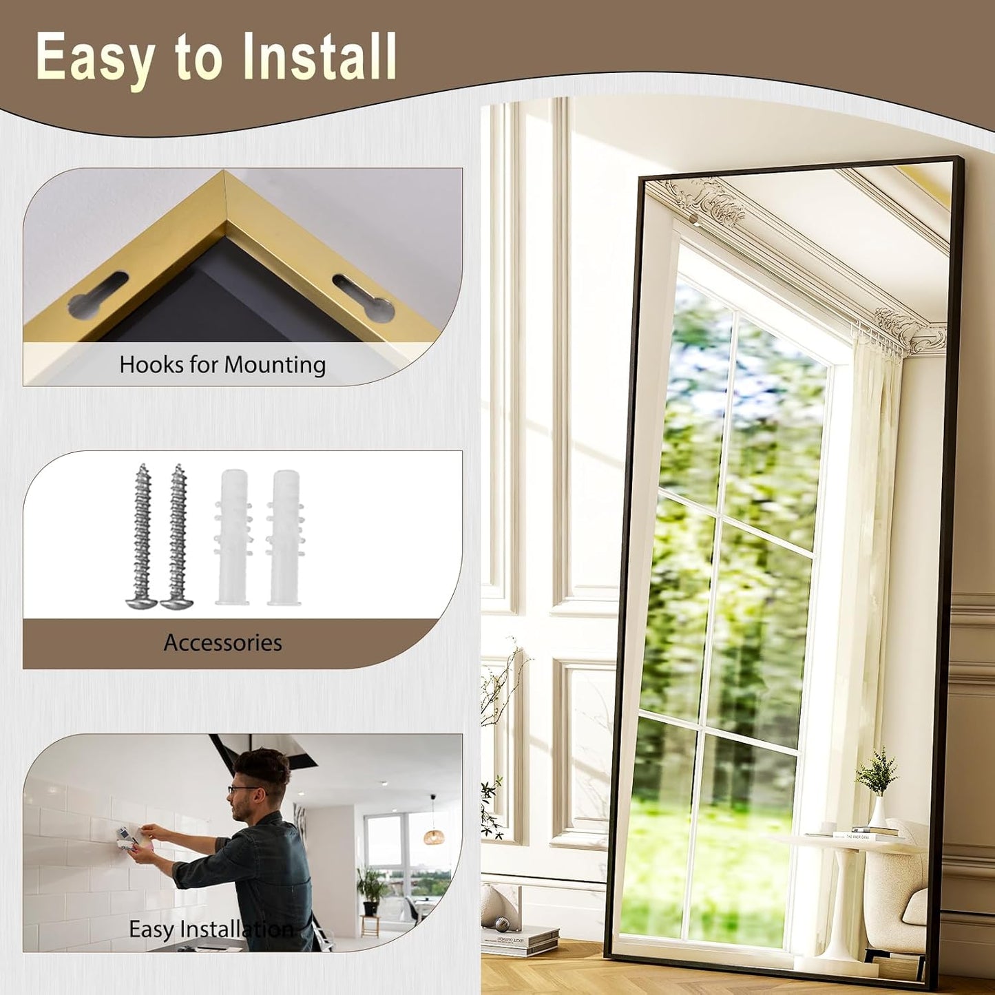 GLSLAND 68" x 24" Full Length Mirror - Rectangle Floor Mirrors Aluminum Alloy Frame Full Body Mirror for Bedroom, Living Room, Cloak Room,Black