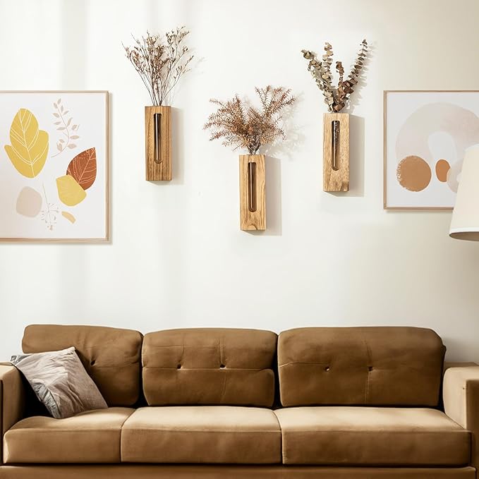 Wood Wall Vase Decor: Rustic Wooden Decor for Farmhouse Bathroom Kitchen Hallway - Hanging Plant Propagation Stations for Indoor Plants Dried Flowers Eucalyptus